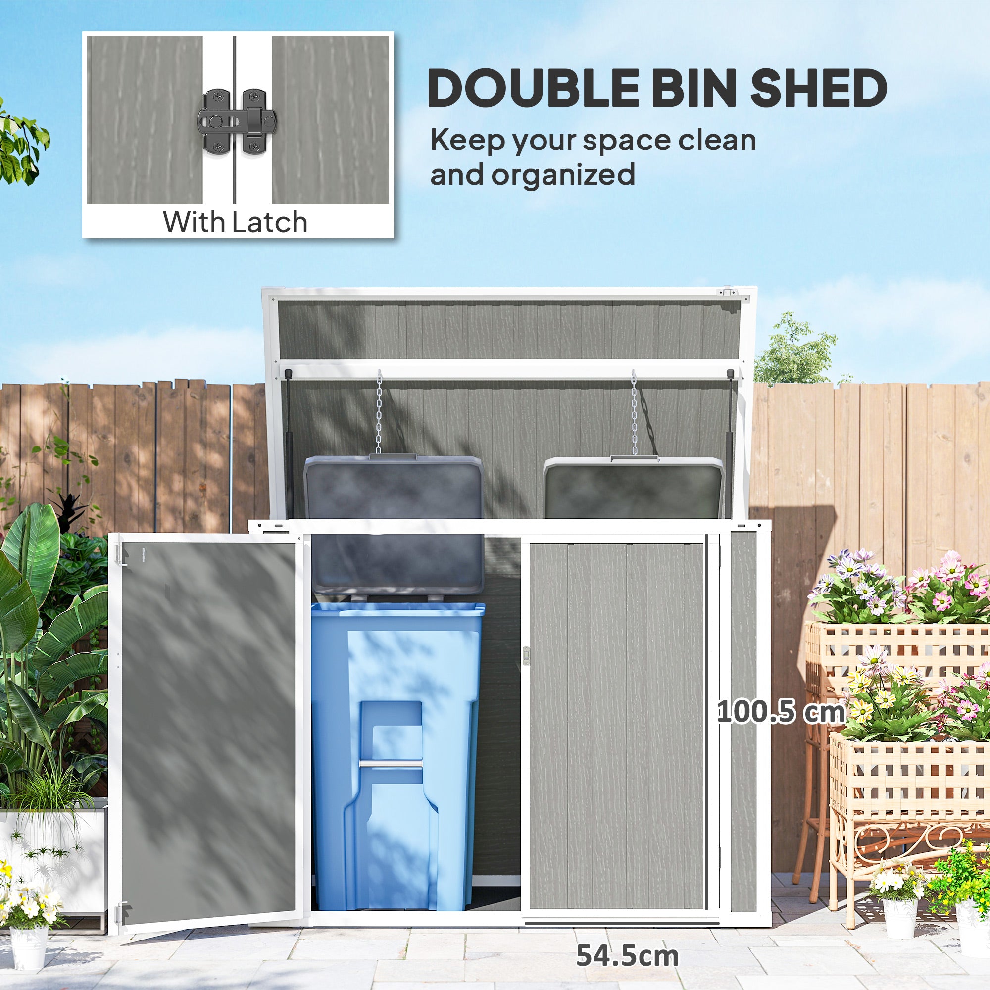 Outsunny 4.7 x 2.5FT Garden Shed, Double Bin Storage Shed with Lockable Doors, Outdoor Small Shed with Openable Lid for 2 Trash Cans, Garden Tools, Grey