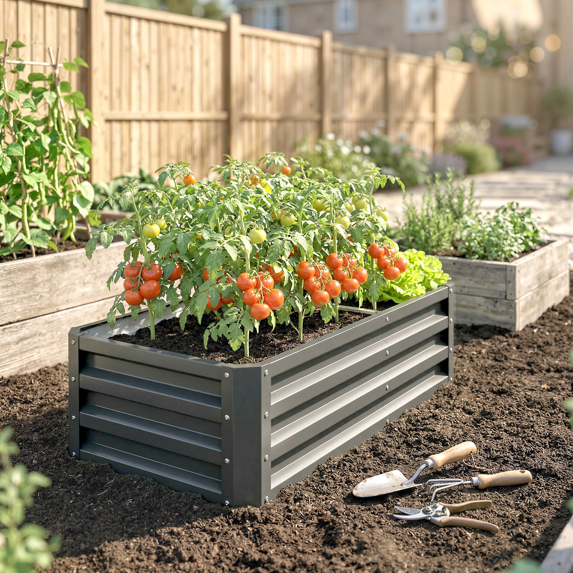 Outsunny Raised Beds for Garden, Galvanised Outdoor Planters for Herbs and Vegetables, for Patio, Garden, Balcony, Light Grey