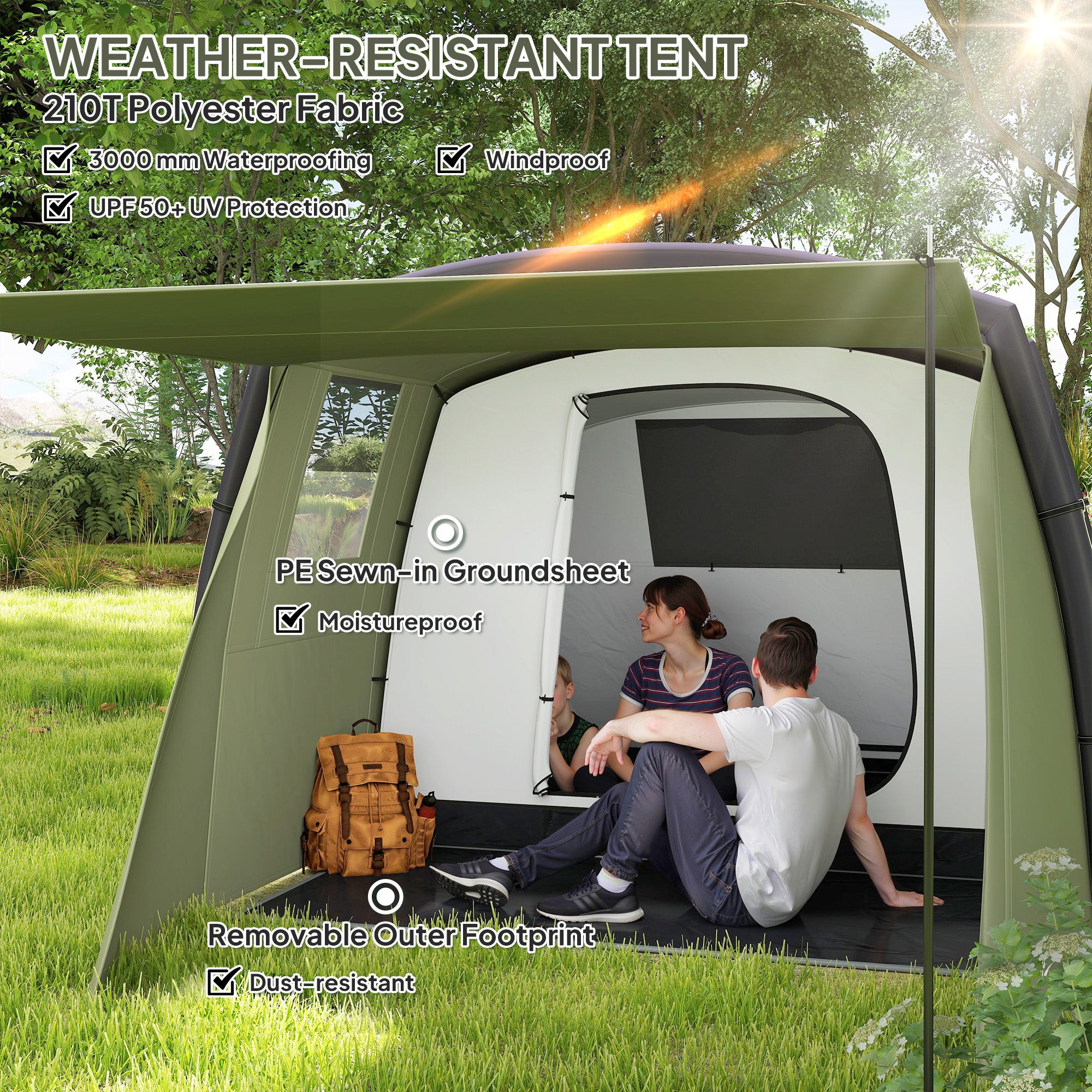 Outsunny Inflatable 3-4 Man Tunnel Tent w/ Air Pump, Living Area & Vestibule, Waterproof Family Camping Air Tent w/ Sewn In Groundsheet & Removable Footprint for Camping, Hiking, Olive Green - North Peak Garden Furniture