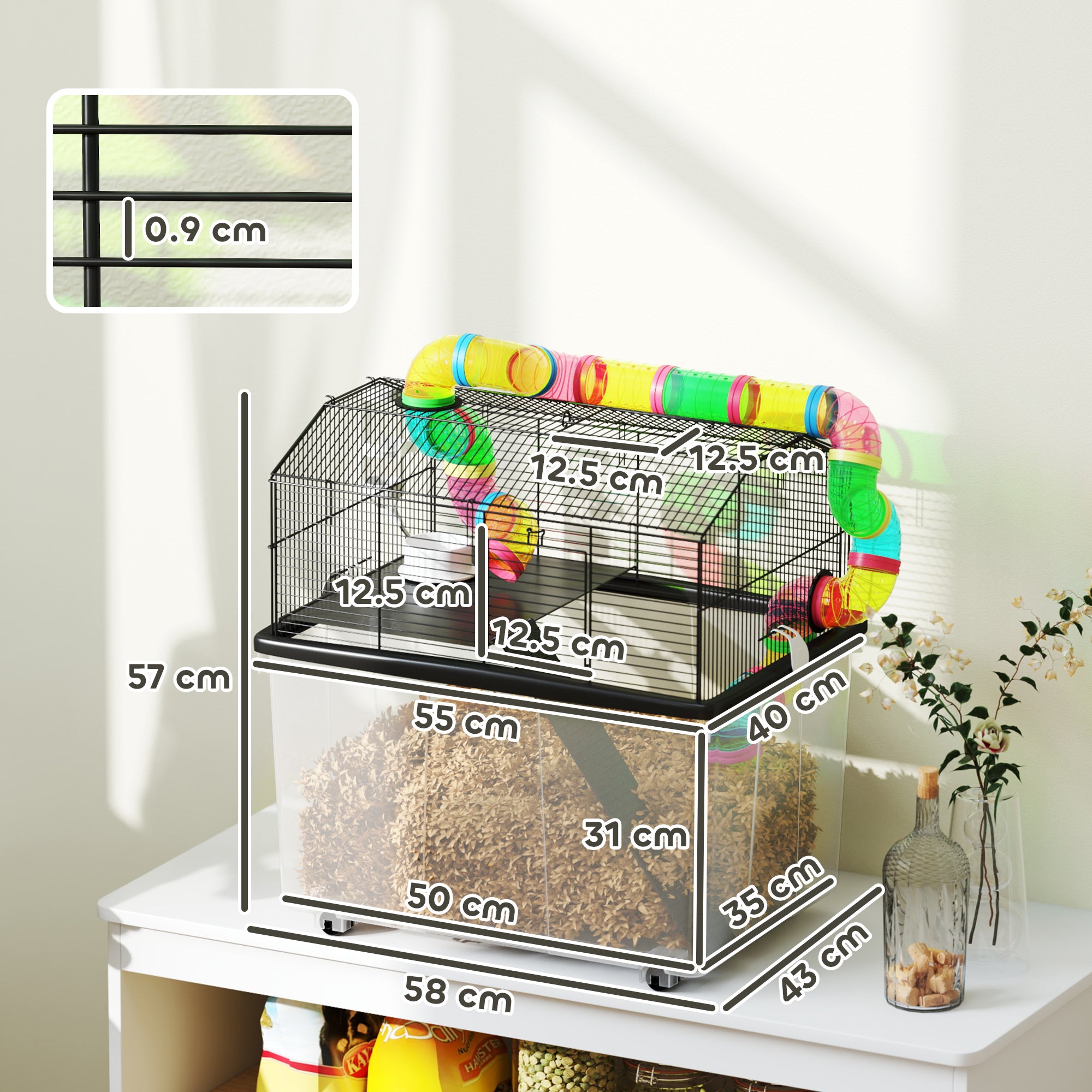 PawHut 2 Tier Hamster Cage with 31cm Deep Tray, Tube System, Water Bottle, Ramp, Feeding Bowl, 58 x 43 x 57cm, Multicolour - North Peak Garden Furniture