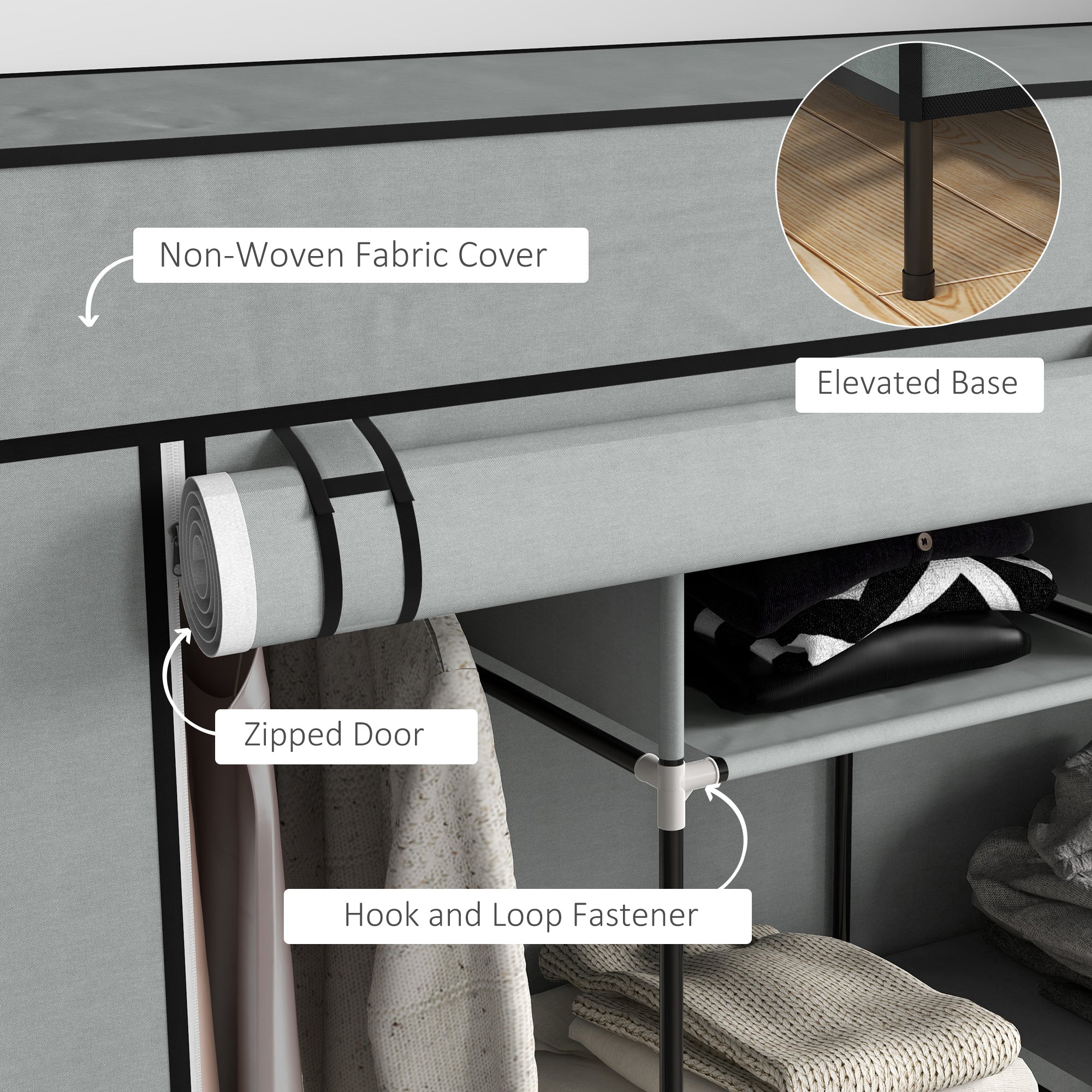 HOMCOM Fabric Wardrobe for Bedroom, Portable Cloth Wardrobe with 10 Compartments, 2 Hanging Rails and 4 Fabric Drawers, 166 x 42.5 x 169.5cm, Dark Grey - North Peak Garden Furniture