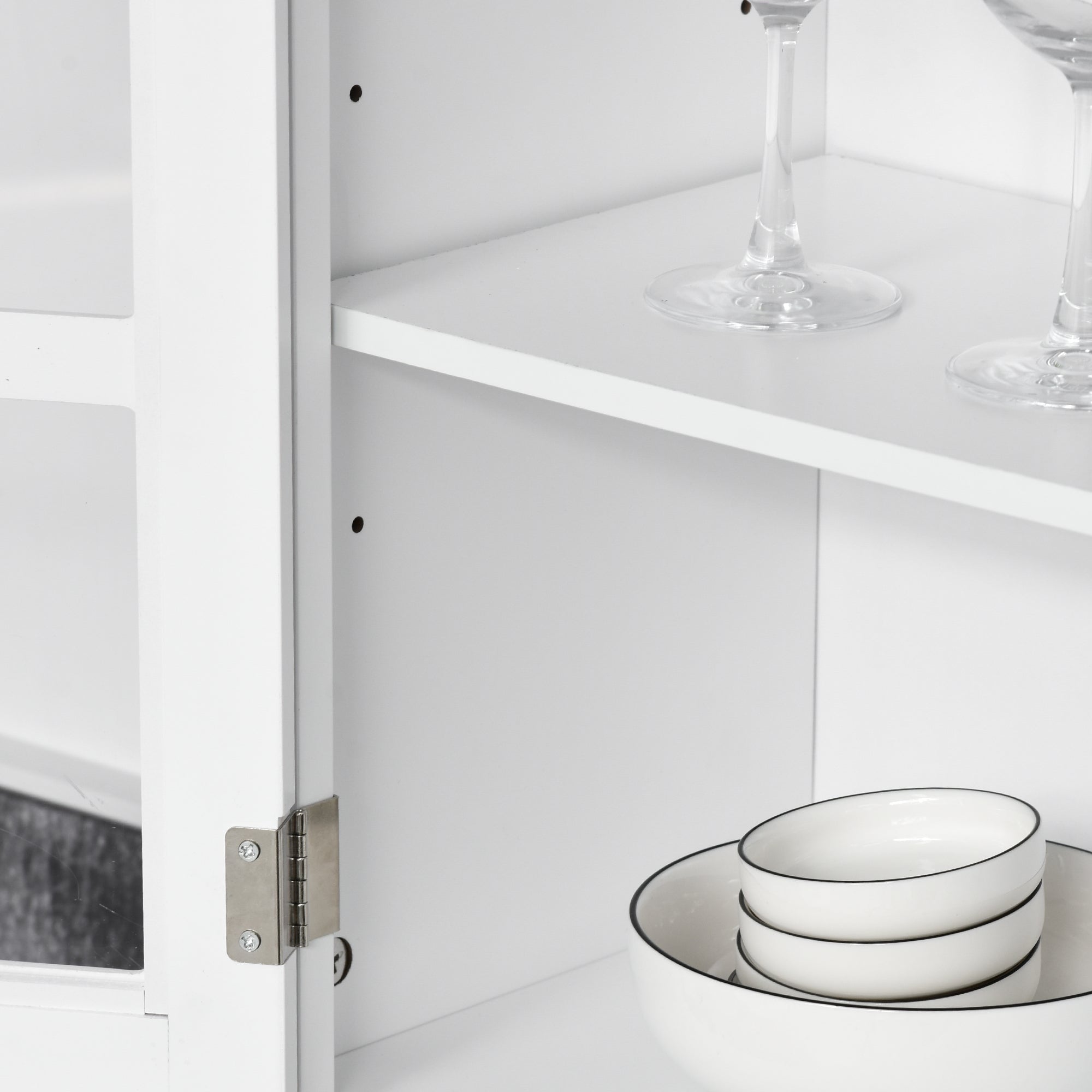 HOMCOM Modern Kitchen Cupboard, Louvered Kitchen Storage Cabinet with Framed Glass Doors and 2 Drawers, White - North Peak Garden Furniture