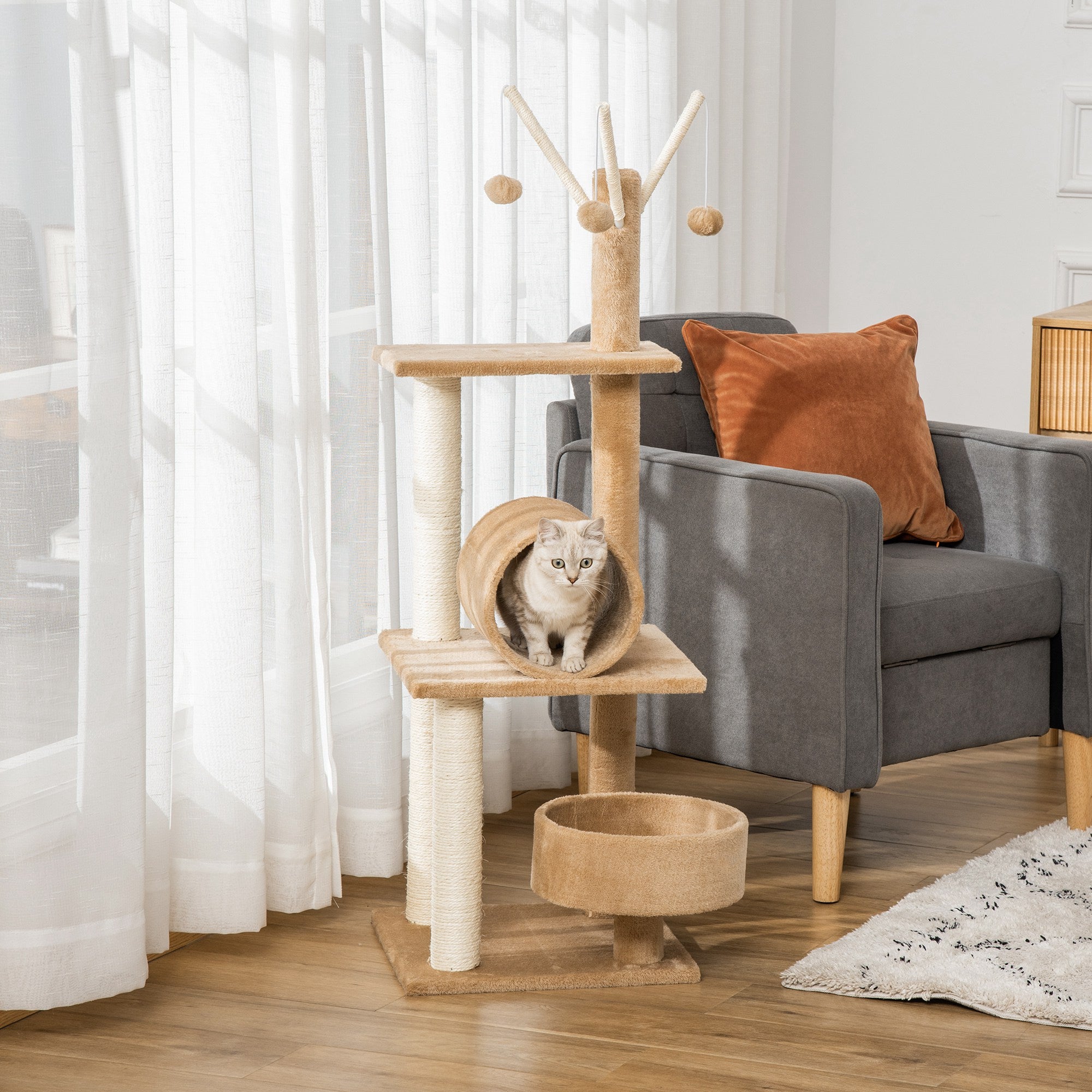 PawHut 121cm Cat Tree Tower for Indoor Cats Kitten Activity Centre Scratching Post with Bed Tunnel Perch Interactive Ball Toy Brown - North Peak Garden Furniture
