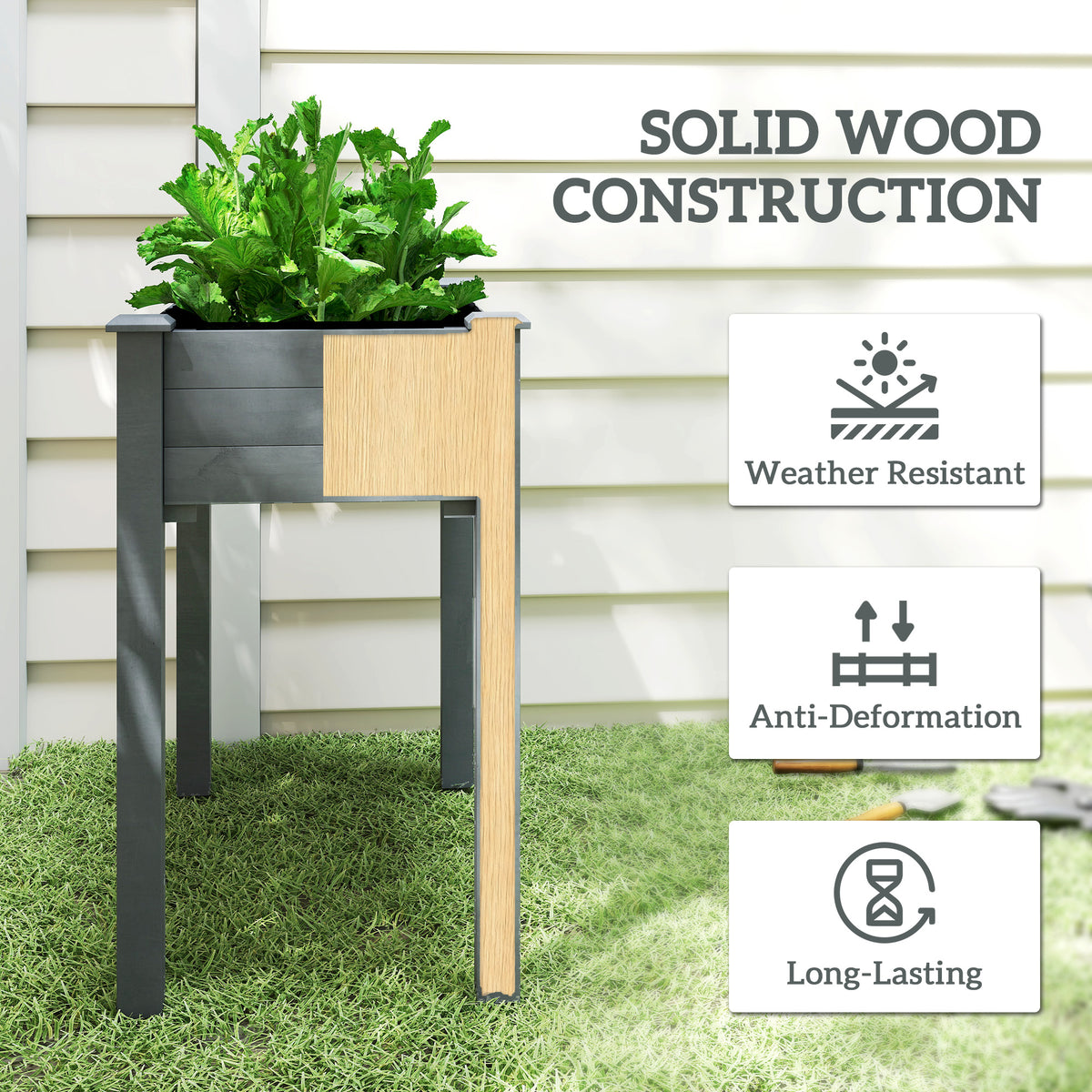 Outsunny Raised Bed for Garden, Wooden Elevated Planter Box with Bed Liner, for Flower Vegetable Herb, Dark Grey