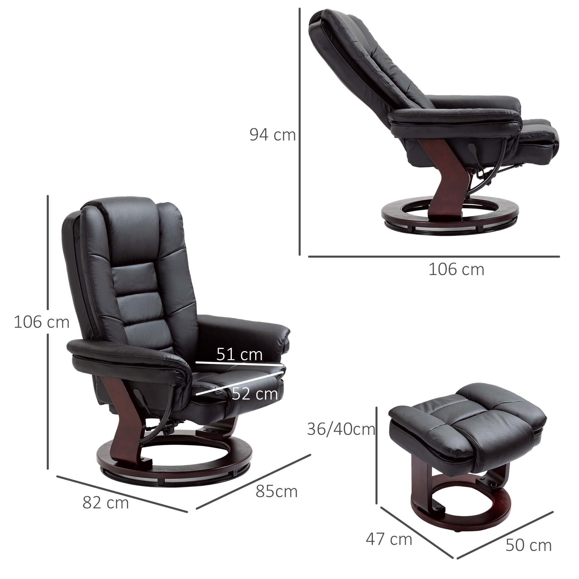 HOMCOM Manual Recliner and Footrest Set PU Leather Leisure Lounge Chair Armchair with Swivel Wood Base, Black - North Peak Garden Furniture