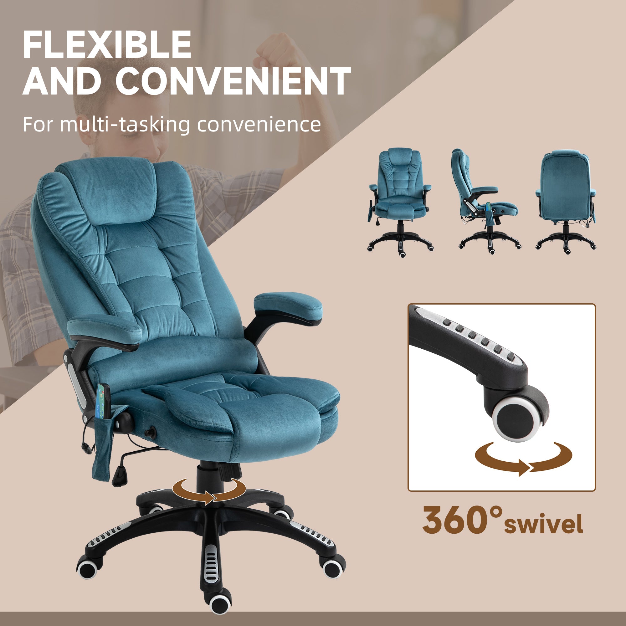 Vinsetto Massage Recliner Chair Heated Office Chair with Six Massage Points Velvet-Feel Fabric 360° Swivel Wheels Blue - North Peak Garden Furniture