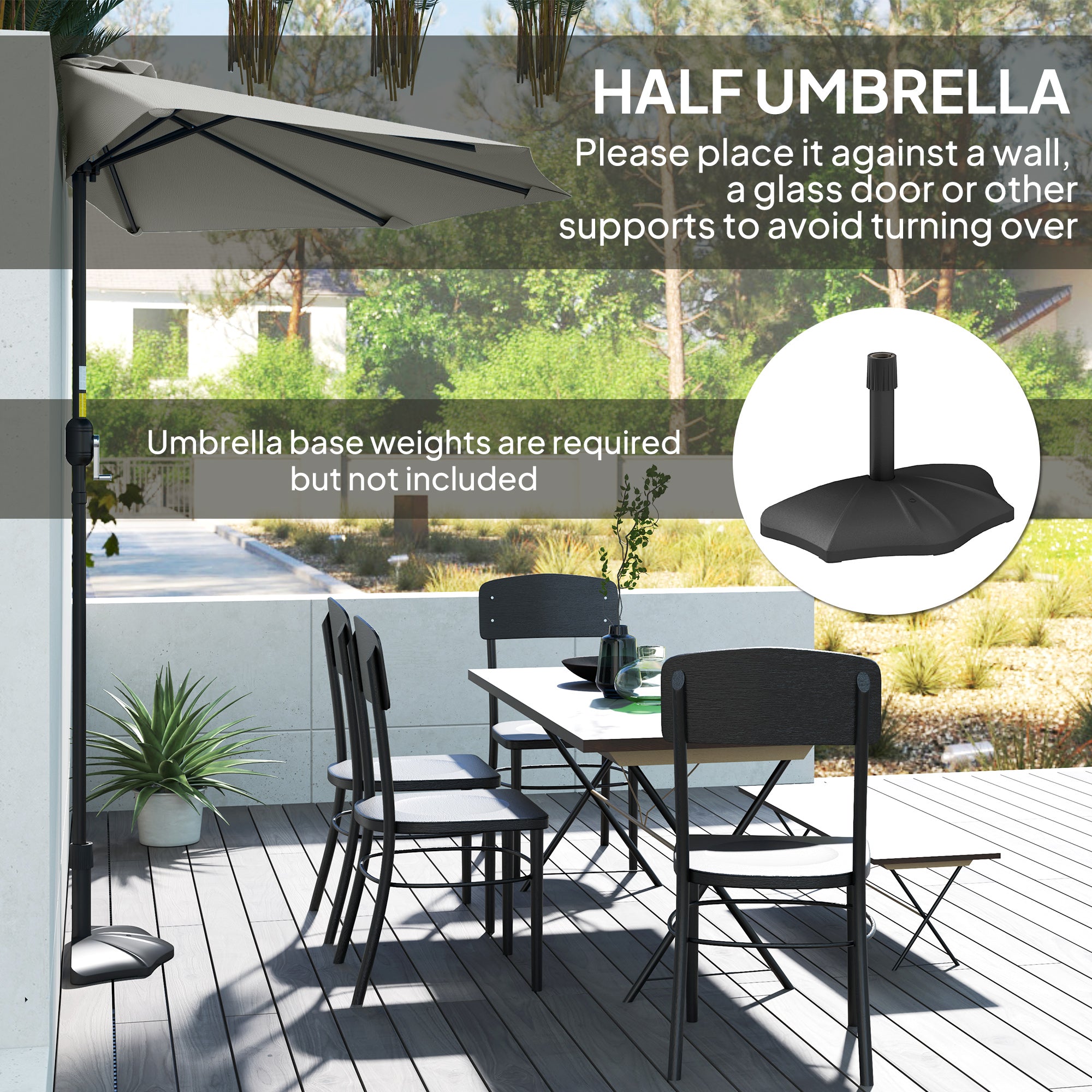 Outsunny Half Round Parasol Umbrella - Light Grey - North Peak Garden Furniture