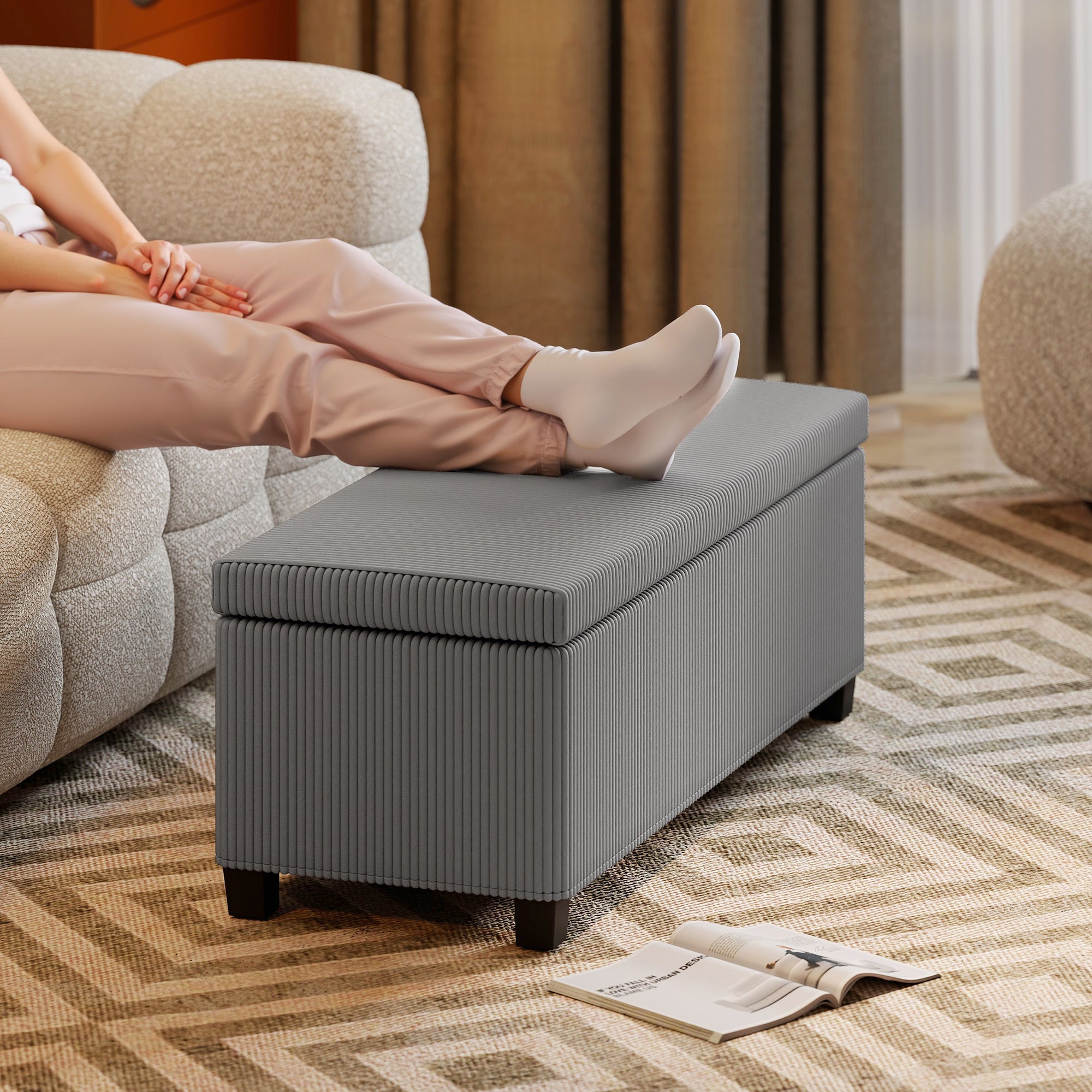 HOMCOM Storage Ottoman Bench, Corduroy Footstool with Removable Lid and Legs, 112cm Storage Chest Box for Living Room, Bedroom, Hallway, Grey