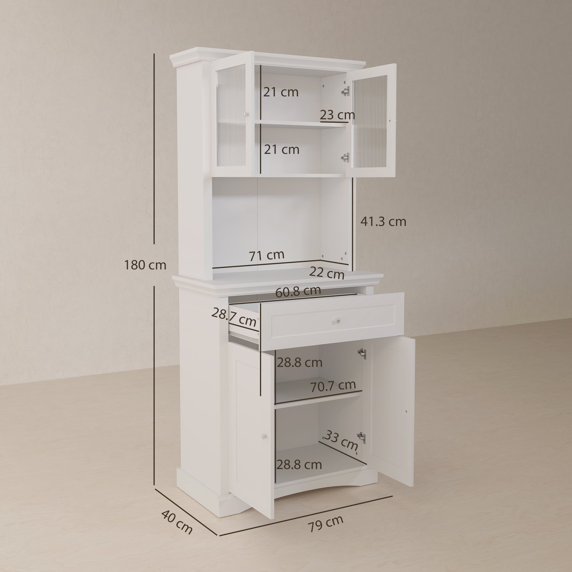HOMCOM 4-Door Kitchen Cupboard with Drawer, Freestanding Kitchen Cabinet with Glass Doors, Adjustable Shelves and Open Counter, White - North Peak Garden Furniture