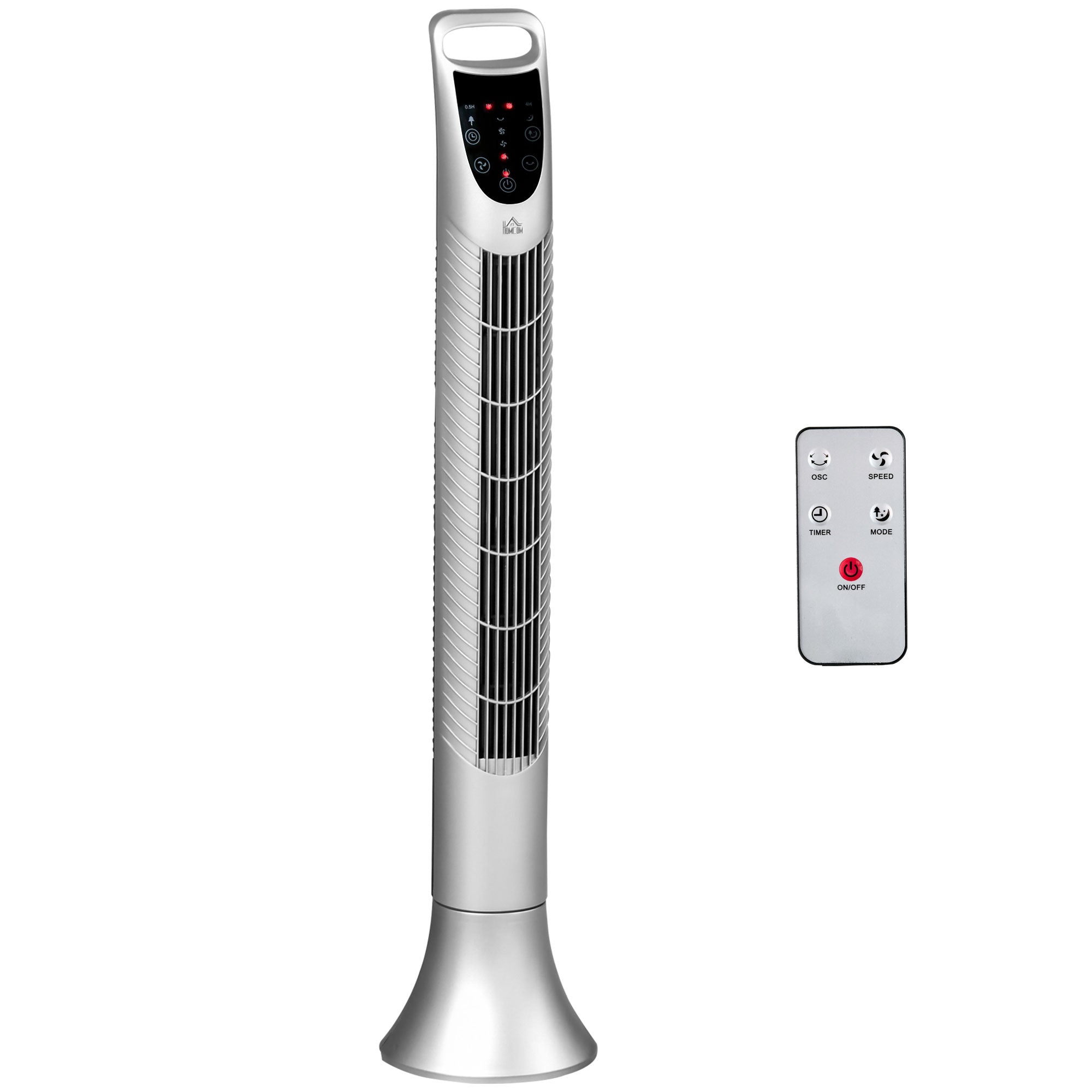 HOMCOM 36'' Freestanding Tower Fan, 3 Speed 3 Mode, 7.5h Timer, 70 Degree Oscillation, LED Panel, 5M Remote Controller, Silver - North Peak Garden Furniture
