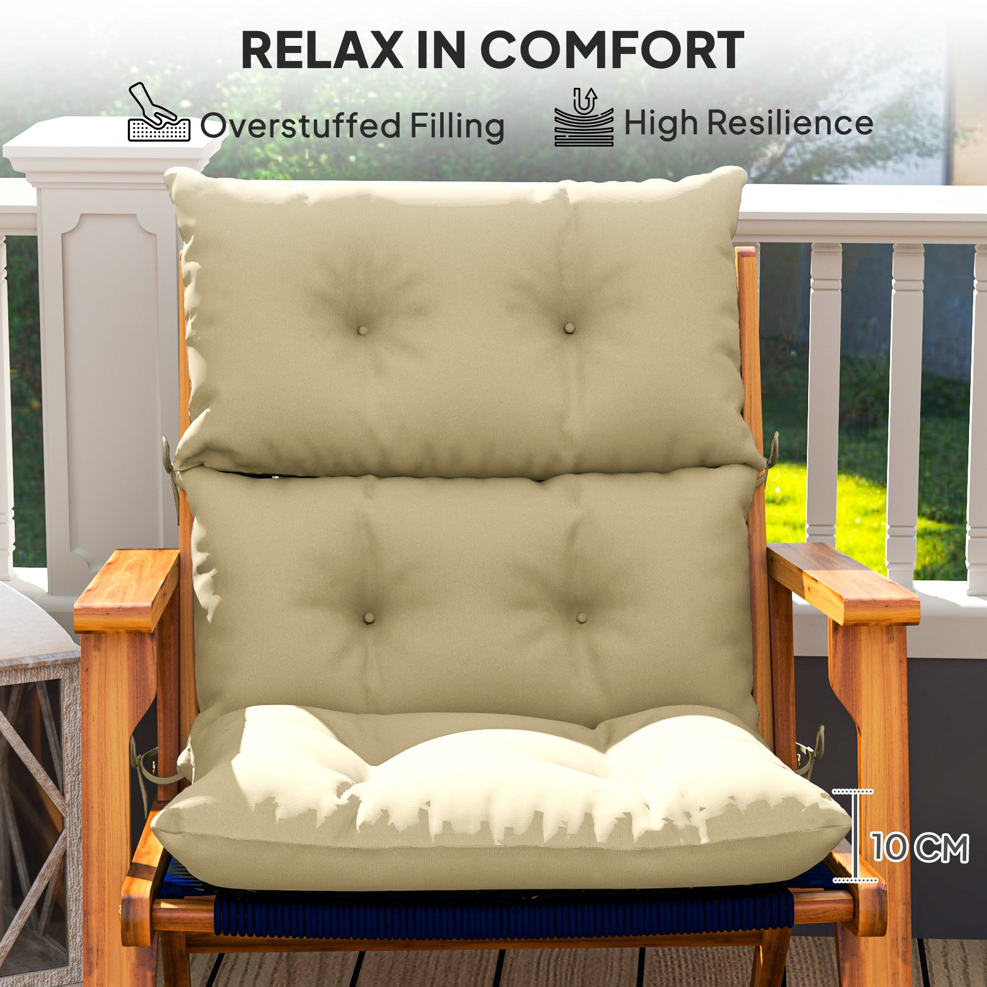 Outsunny Tufted Adirondack Chair Cushion, Thick Garden Seat Cushion Pad with Backrest, Rocking Chair Cushion with Ties for Outdoor and Indoor Use, Beige - North Peak Garden Furniture