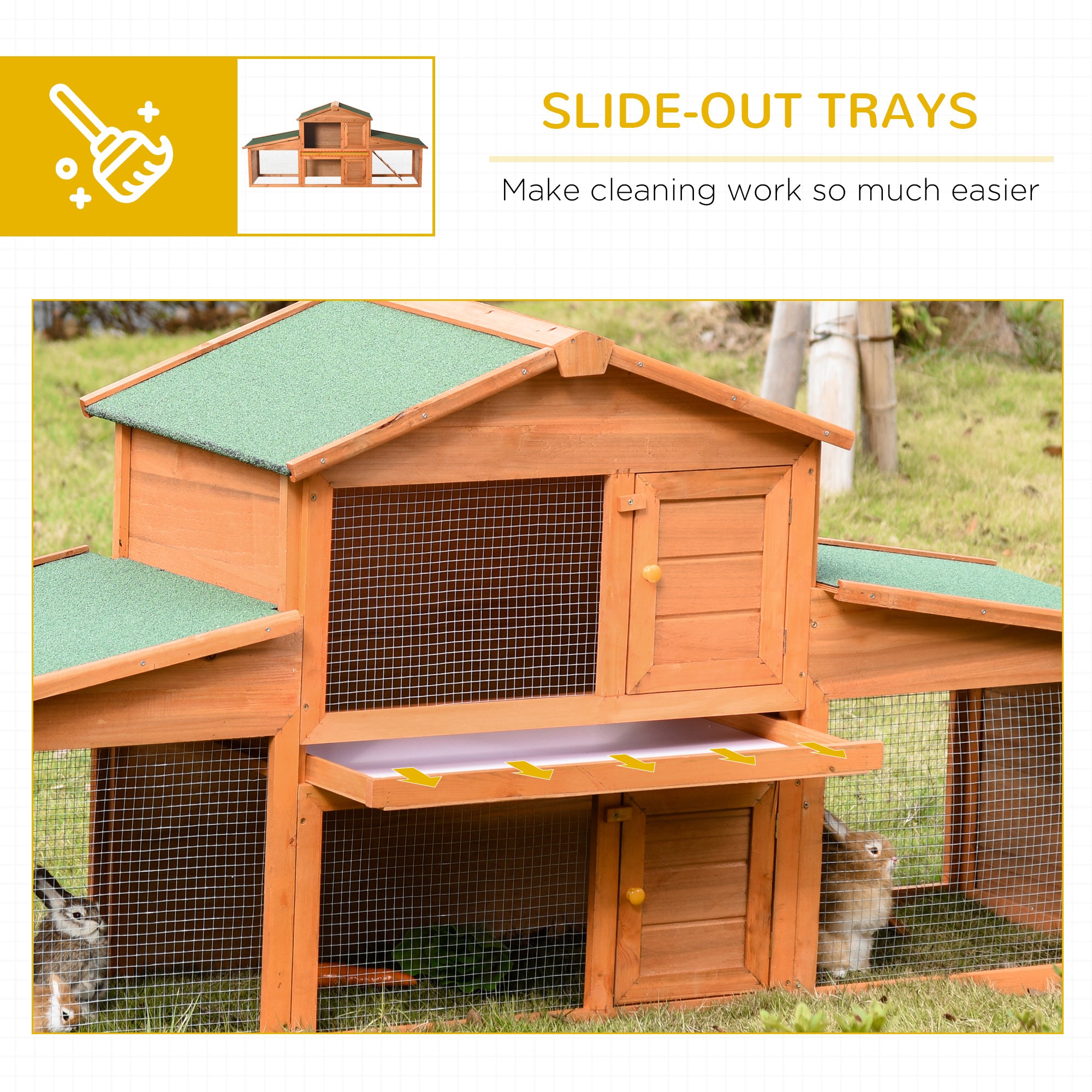 PawHut Large Rabbit Hutch Outdoor, Guinea Pig Hutch, Wooden Small Animal House, with Rabbit Run, 215 x 63 x 97 cm - North Peak Garden Furniture