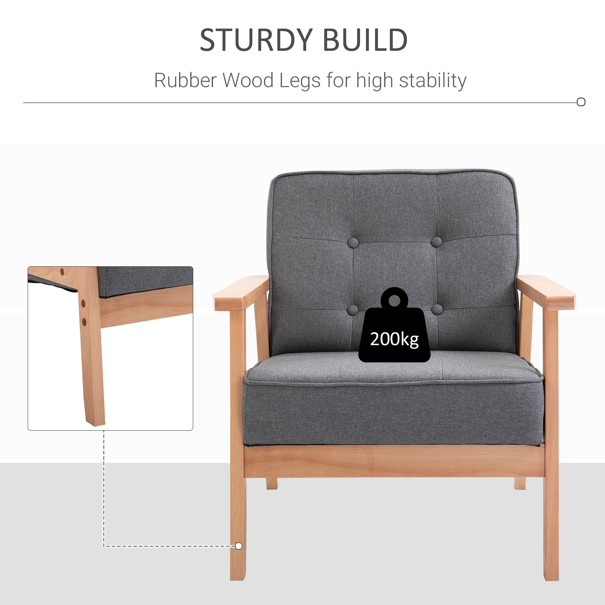 HOMCOM Minimalistic Wooden Frame Accent Chair, with Padded Seat - Dark Grey - North Peak Garden Furniture