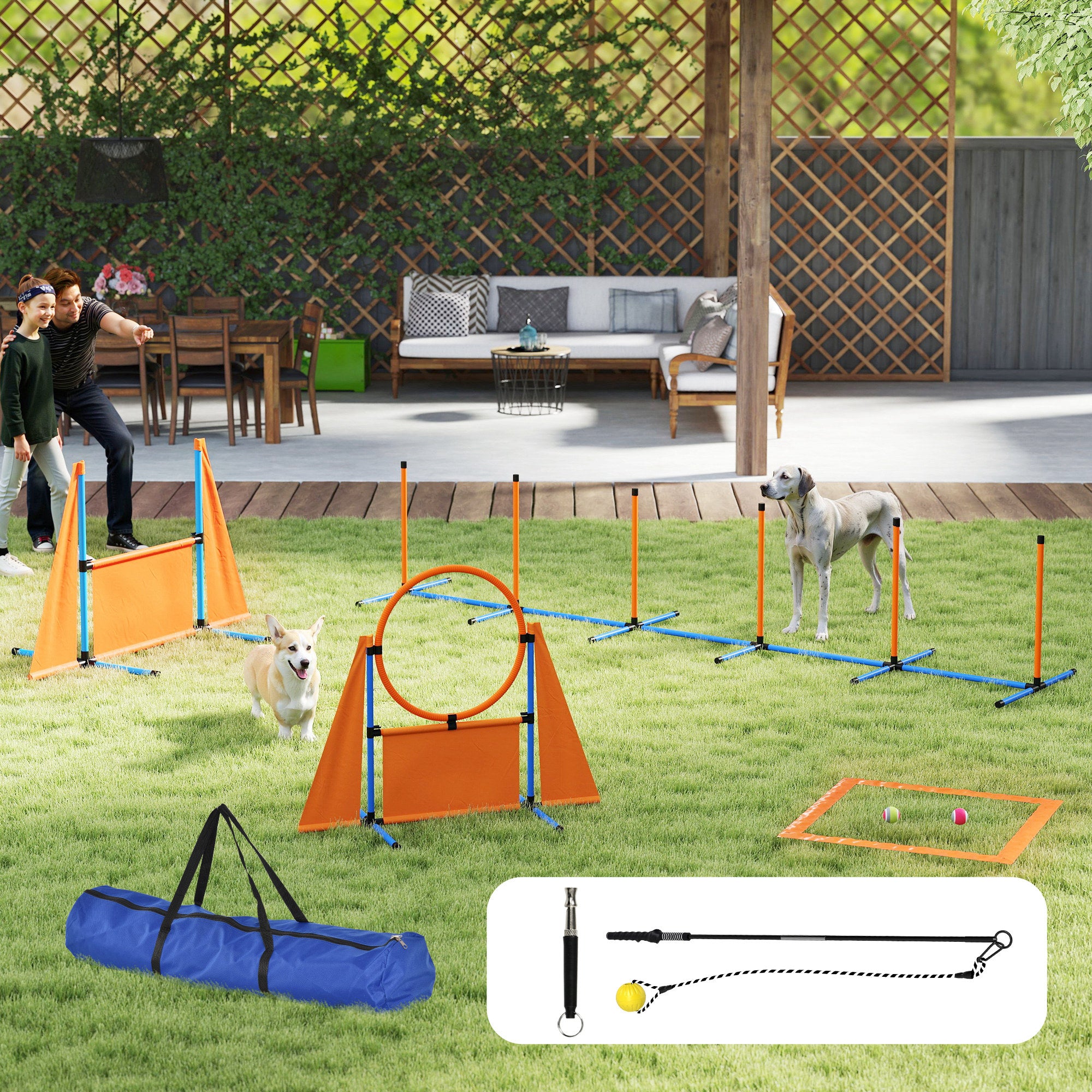 PawHut 7-Piece Dog Agility Equipment Set with Weave Poles, Jump Ring and Hurdle, Pause Box and Carry Bag, Orange - North Peak Garden Furniture