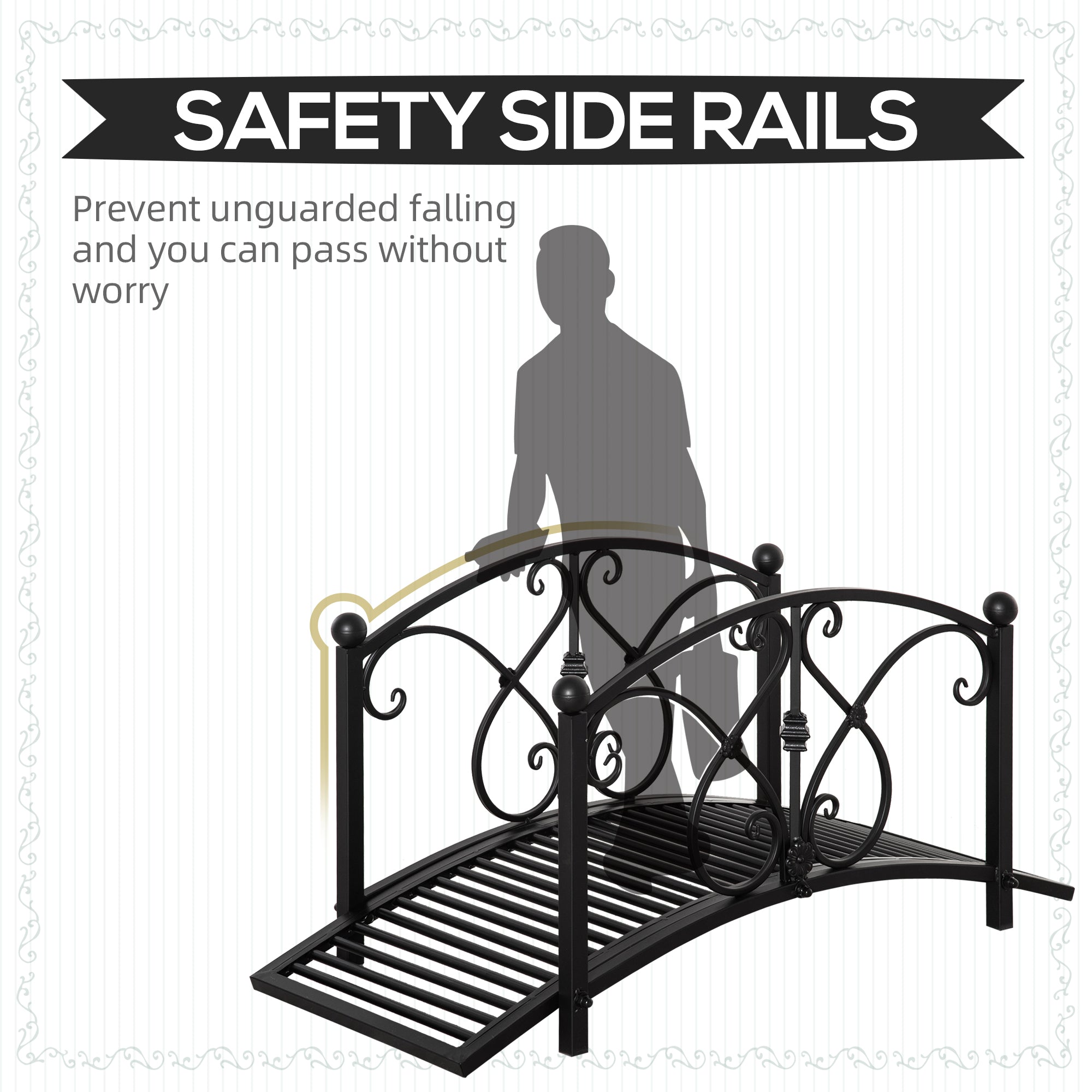 Outsunny 102L x 48W x 49H Classic Metal Garden Bridge with Safety Railings Arc Footbridge Decorative Pond Bridge for Backyard Creek Stream, Black - North Peak Garden Furniture