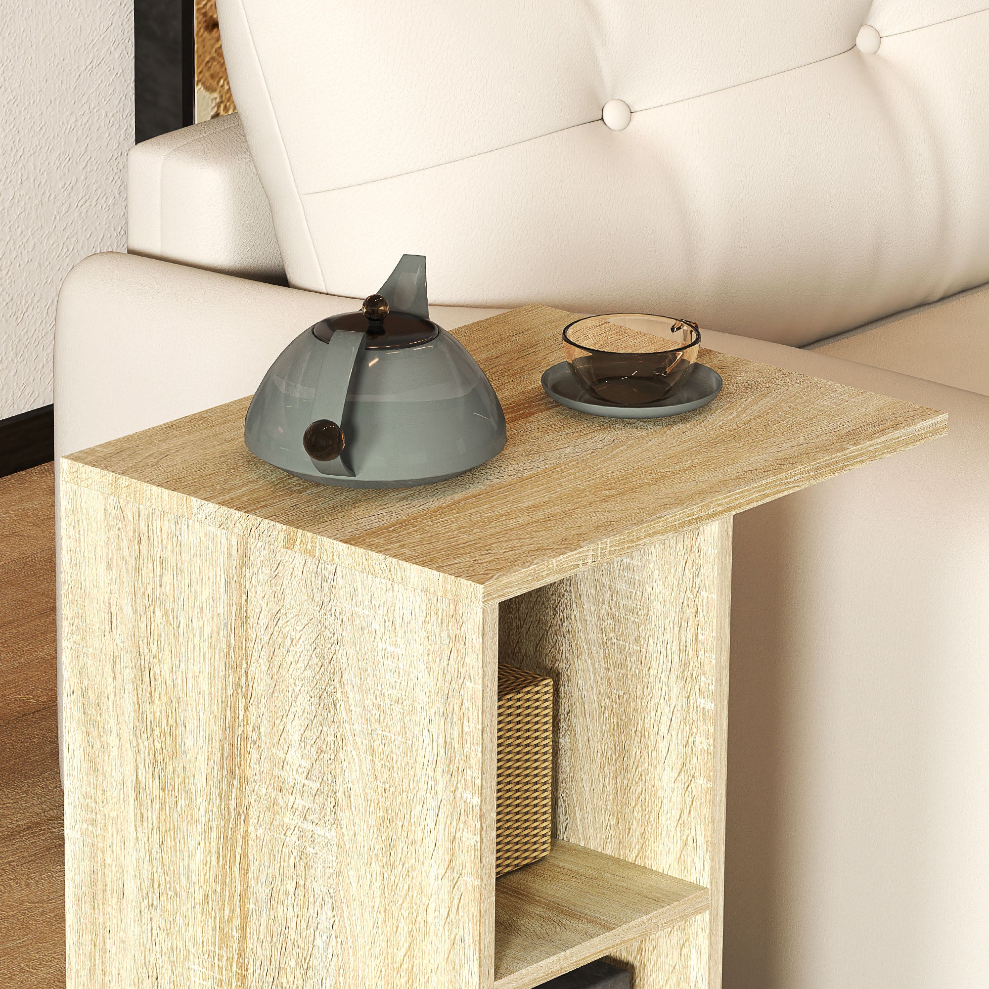 HOMCOM C-Shape End Table Unique Storage Unit w/ 2 Shelves 4 Wheels Freestanding Home Office Furniture Cabinet Square Studio Natural - North Peak Garden Furniture