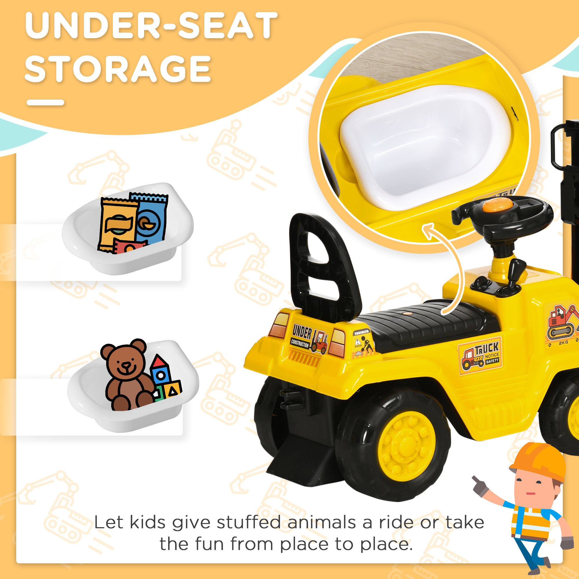 HOMCOM Kids Ride-On Construction Car, with Fork, Tray, Sounds - Yellow - North Peak Garden Furniture