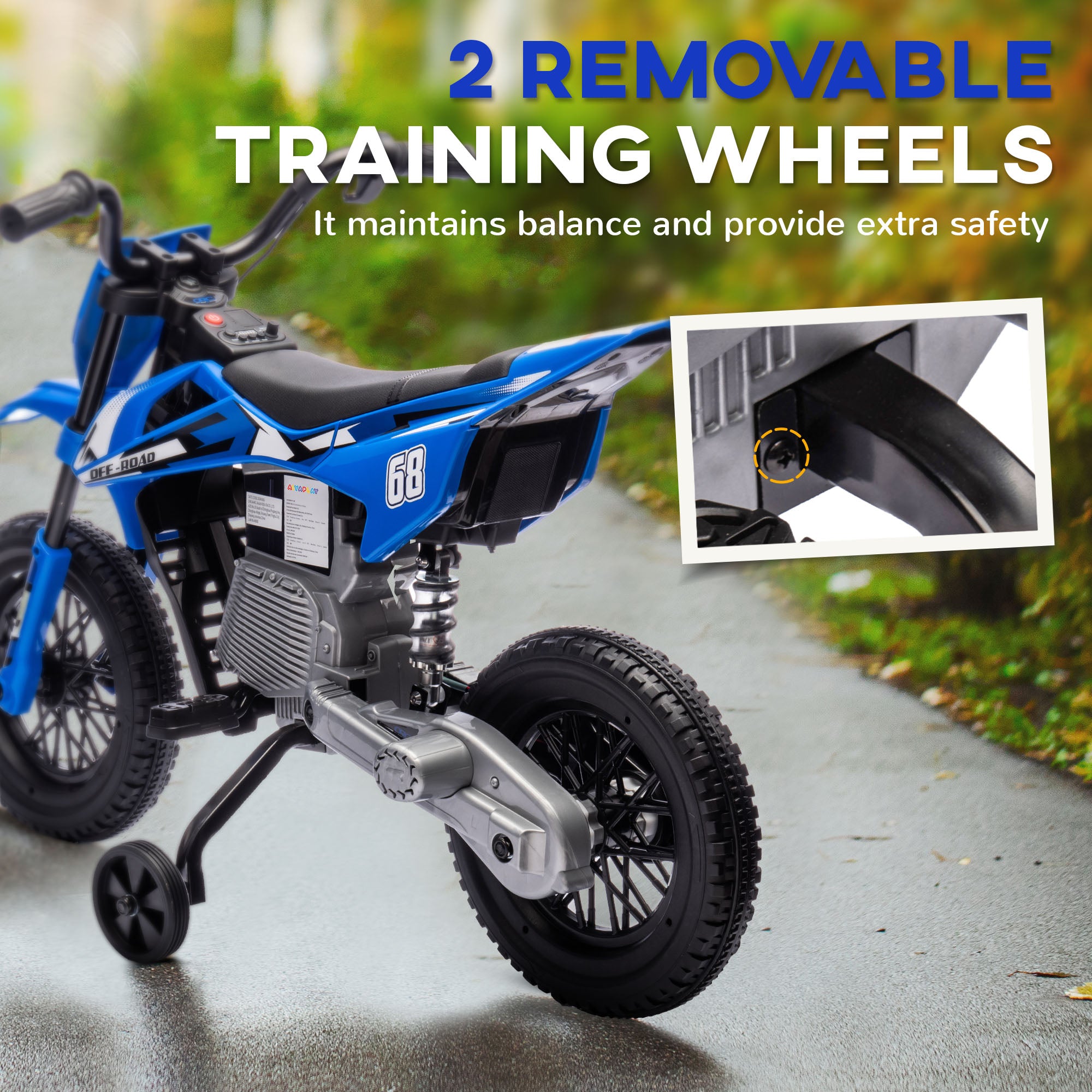 AIYAPLAY 12V Kids Electric Motorbike, Kids Electric Ride on motorcycle w/ Twist Grip Throttle, Training Wheels, Blue - North Peak Garden Furniture