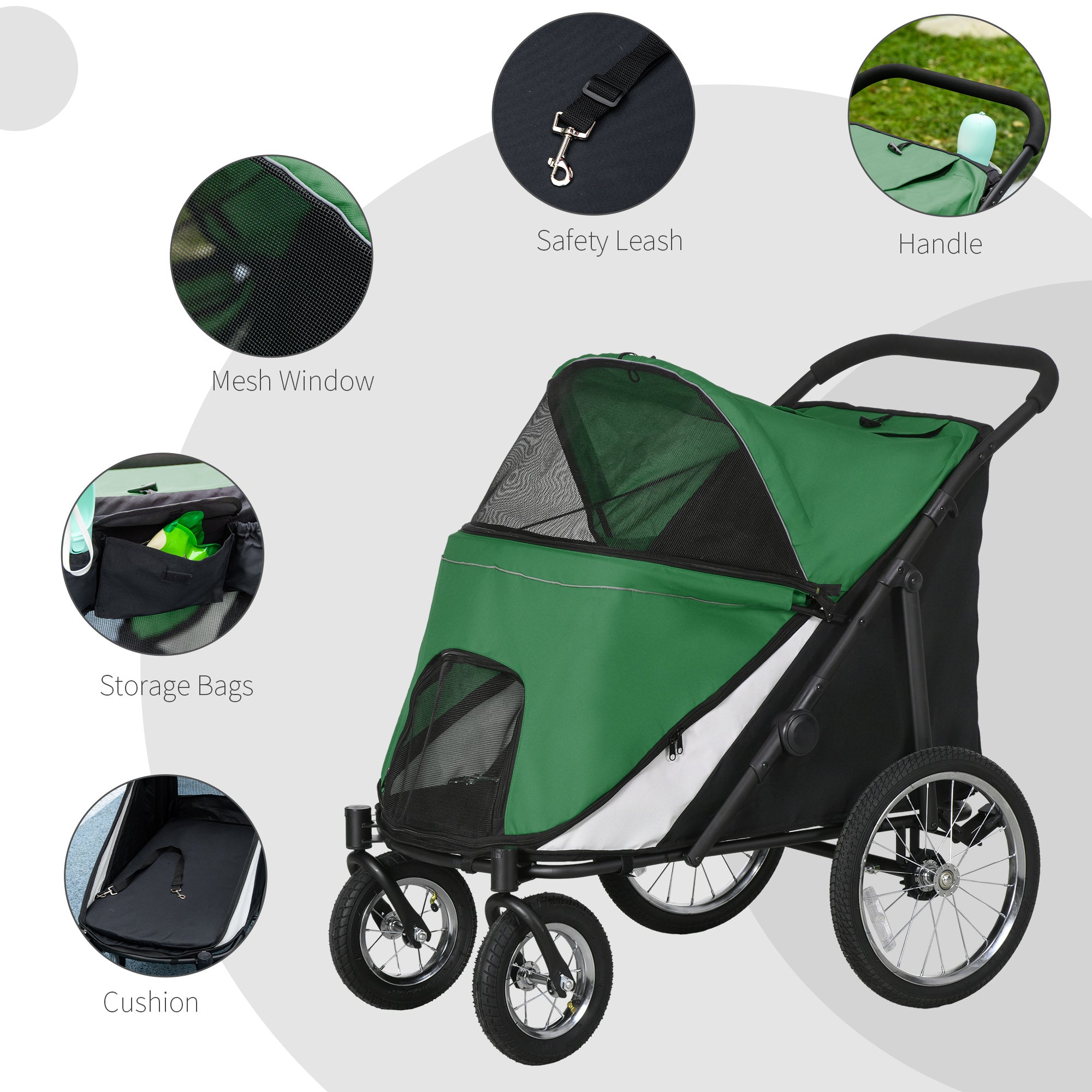 PawHut Foldable Pet Stroller with Washable Cushion, Storage Bags, Safety Leash for Medium and Large Dogs Cats Travel, Dark Green