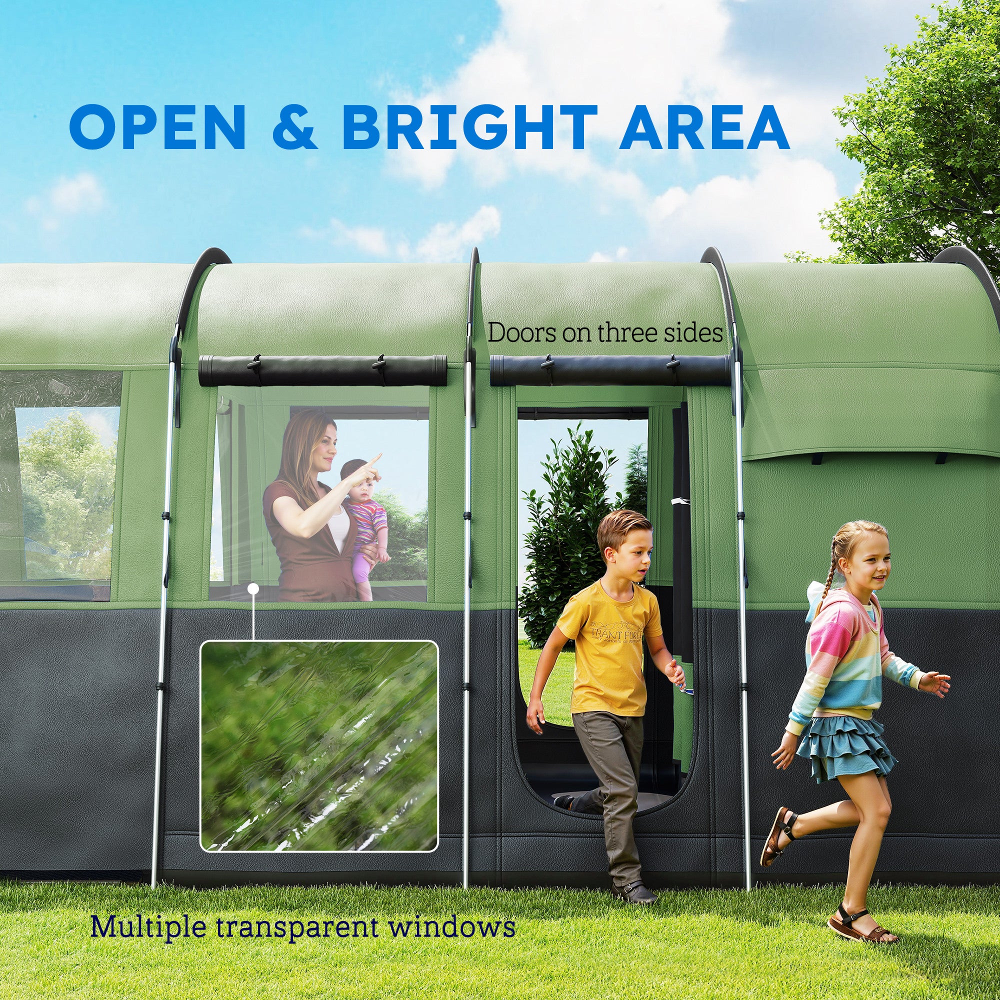 Outsunny 8-Person Camping Tent, Waterproof Family Tent, Tunnel Design, 4 Large Windows, Sleeping Cabins 3000mm Water Column Green - North Peak Garden Furniture