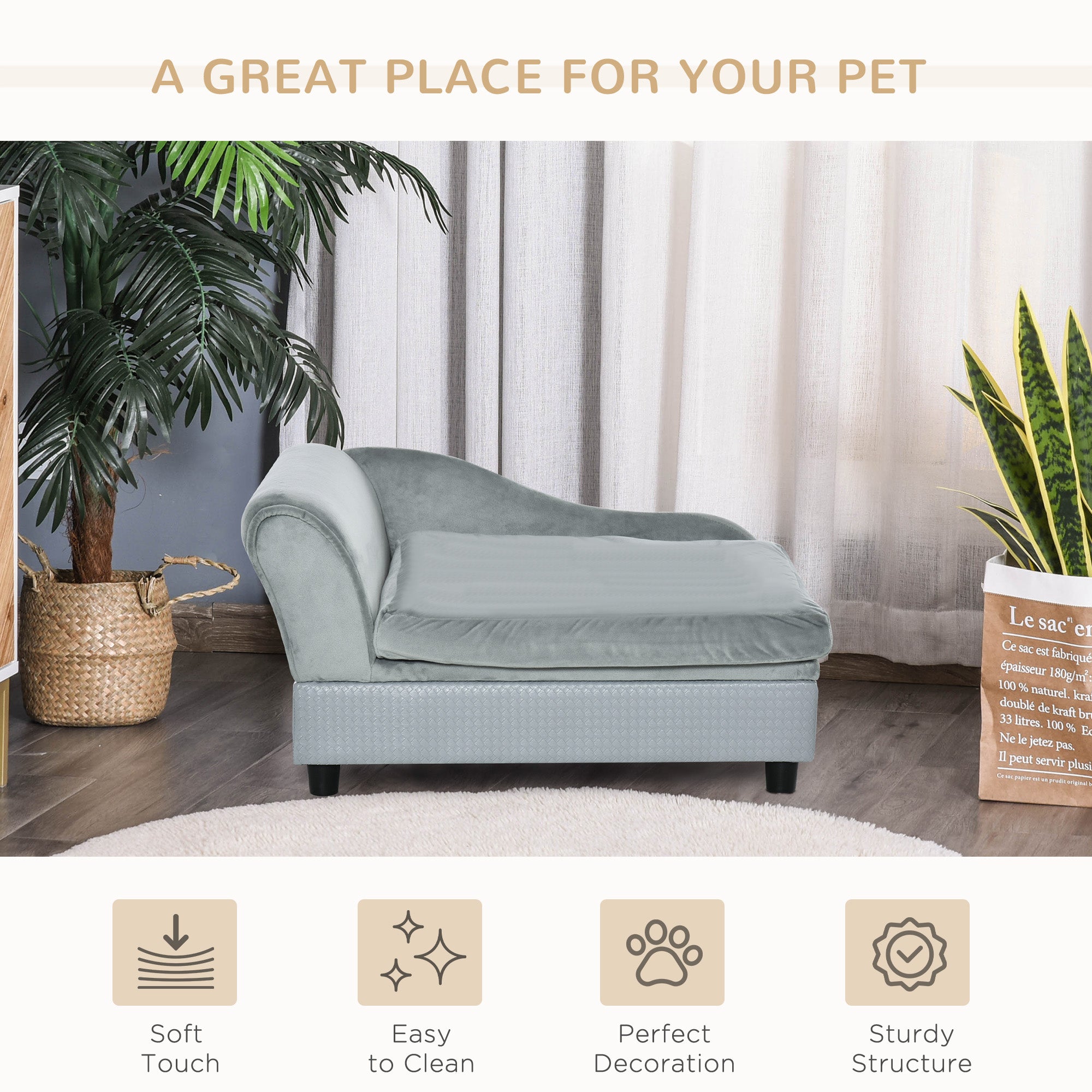 PawHut Pet Sofa Chair, with Storage, Cushion, for Small Dogs, Cats - Light Grey - North Peak Garden Furniture