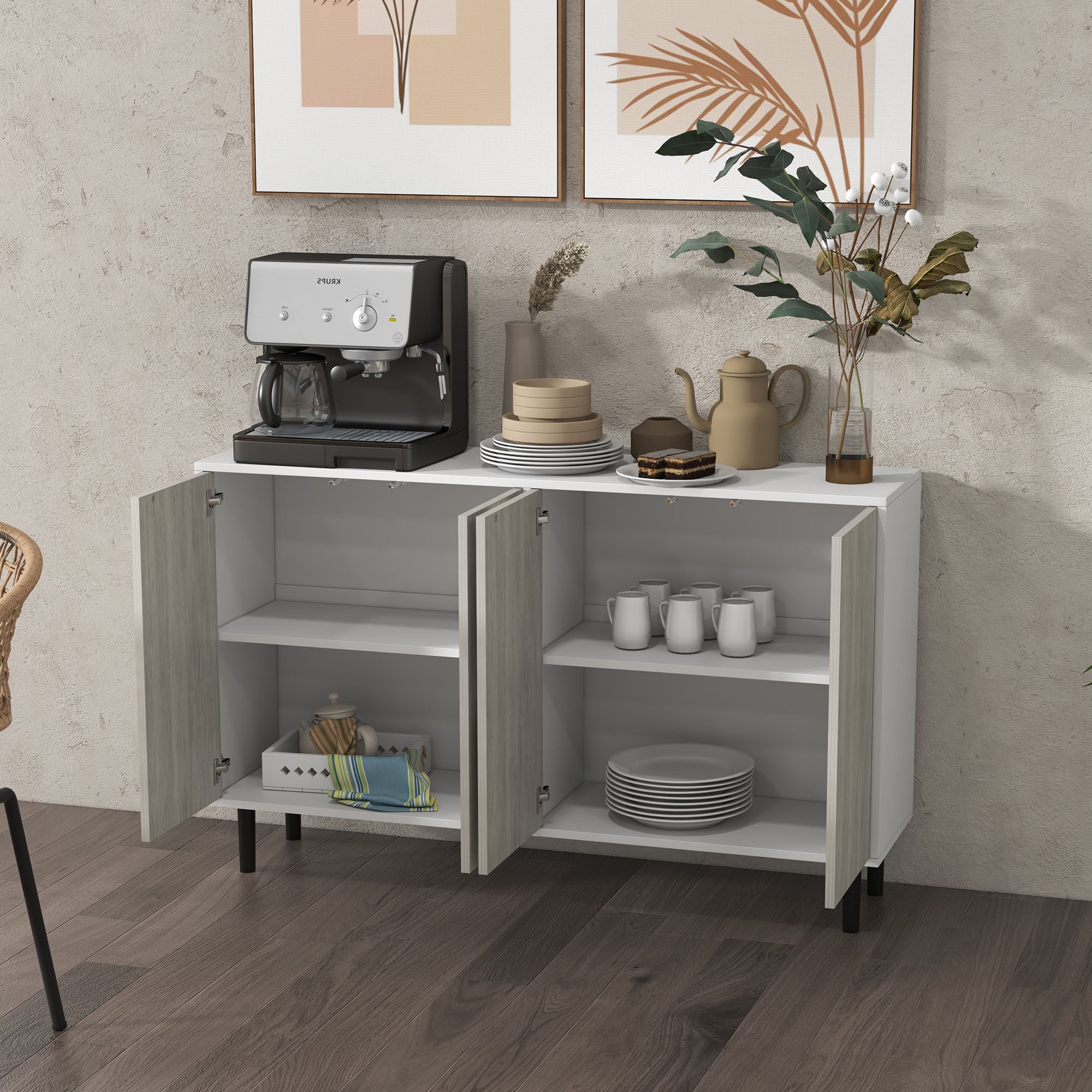 HOMCOM Kitchen Sideboard Storage Cabinet for Living Room with Adjustable Shelves 4 Doors and Pine Wood Legs White - North Peak Garden Furniture
