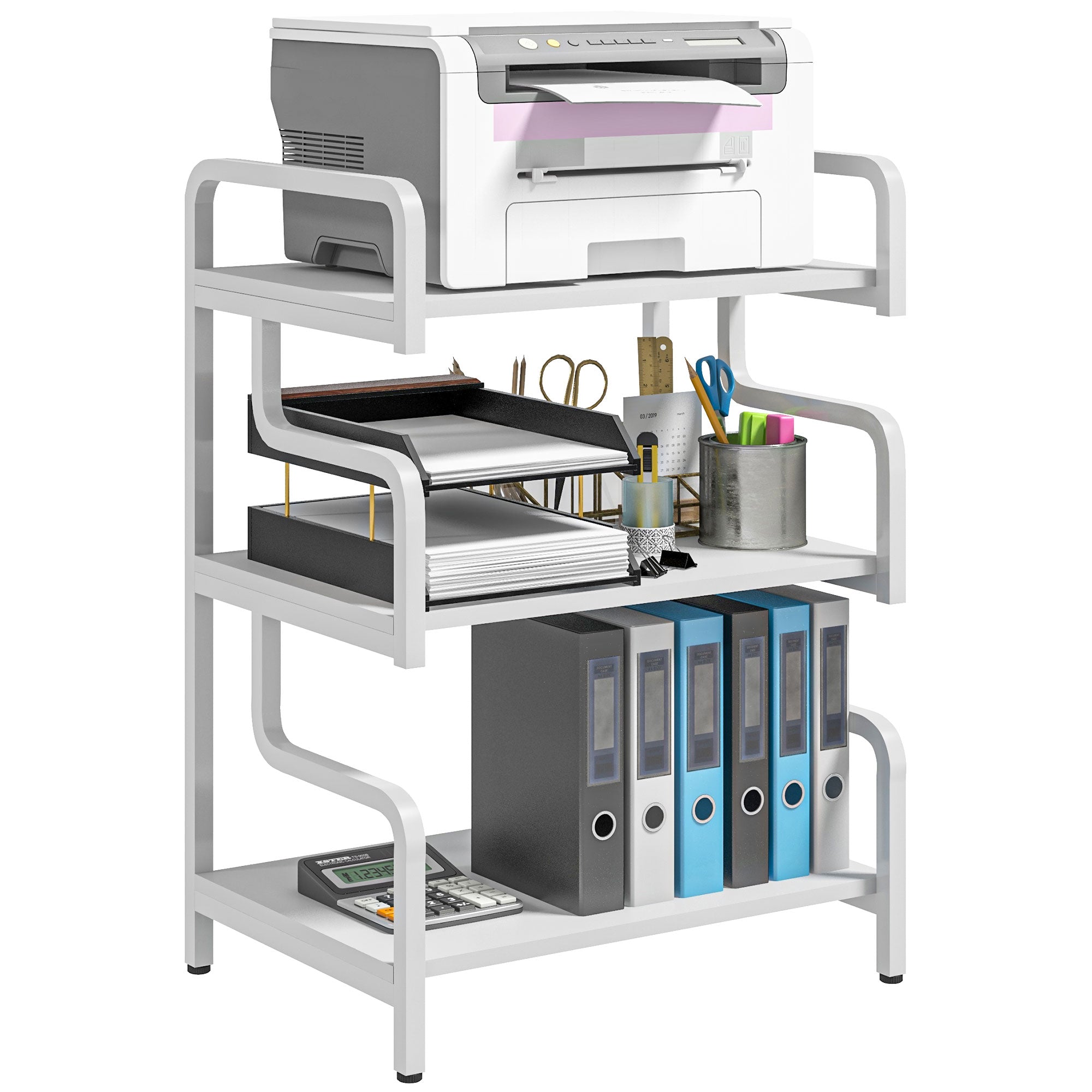 HOMCOM 3-Tier Printer Stand with Storage Shelves, Printer Table, 55 x 40 x 77cm Printer Shelf for Home Office, Study, White - North Peak Garden Furniture