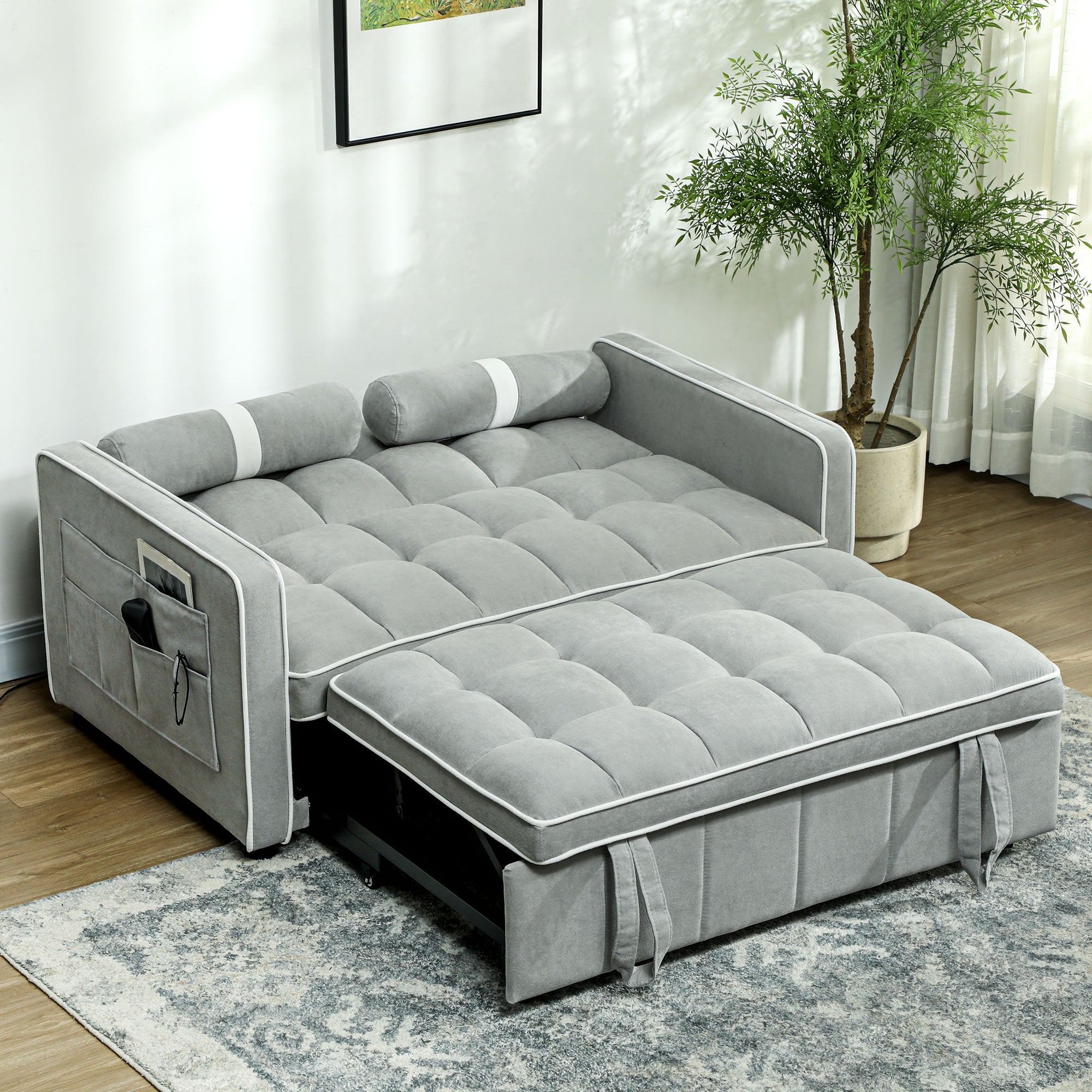 HOMCOM Two-Seater Linen-Look Sofa Bed - Light Grey - North Peak Garden Furniture