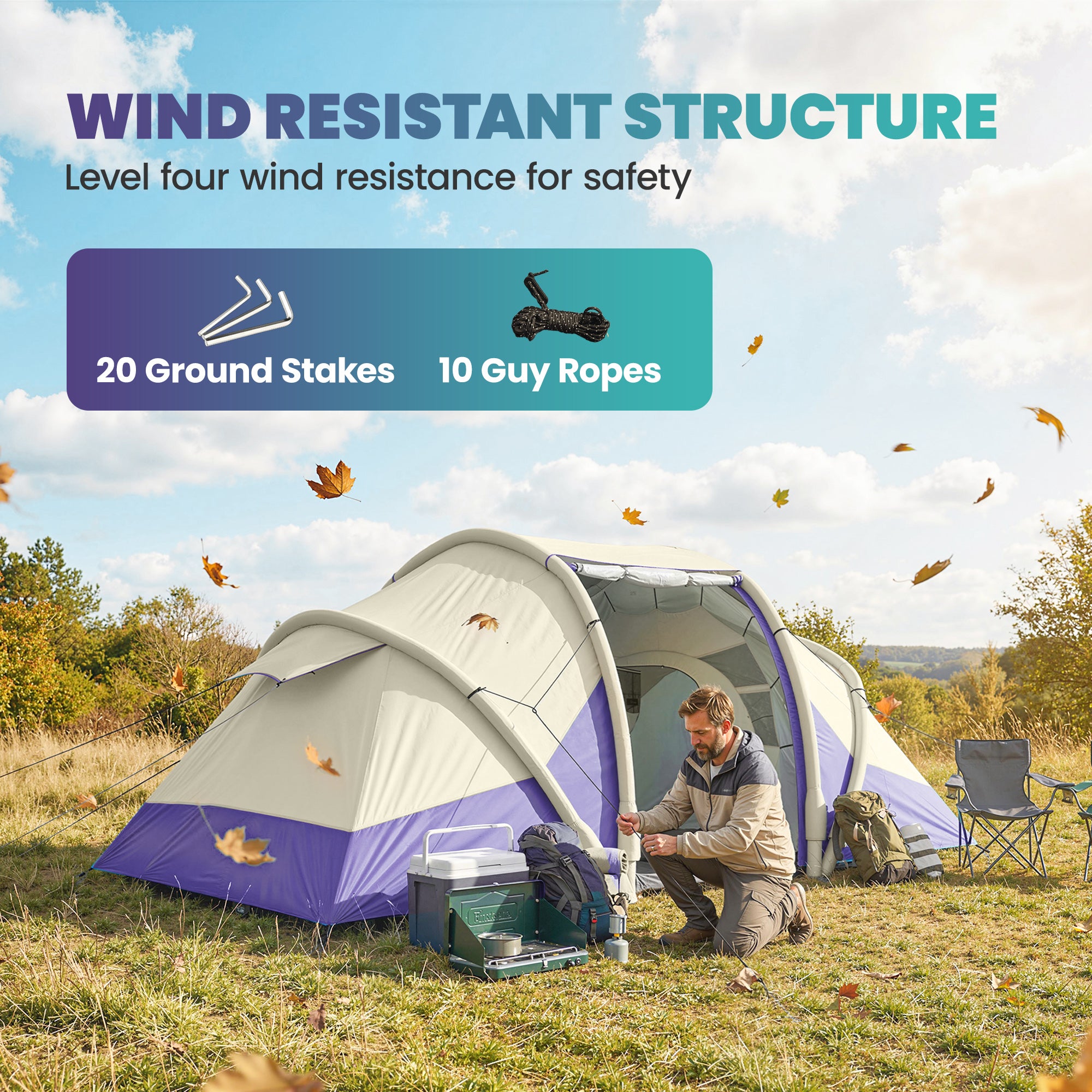 Outsunny Inflatable Tent 2 Bedroom 3000mm Waterproof Windproof Air Tent with Carry Bag for 2-4 Person