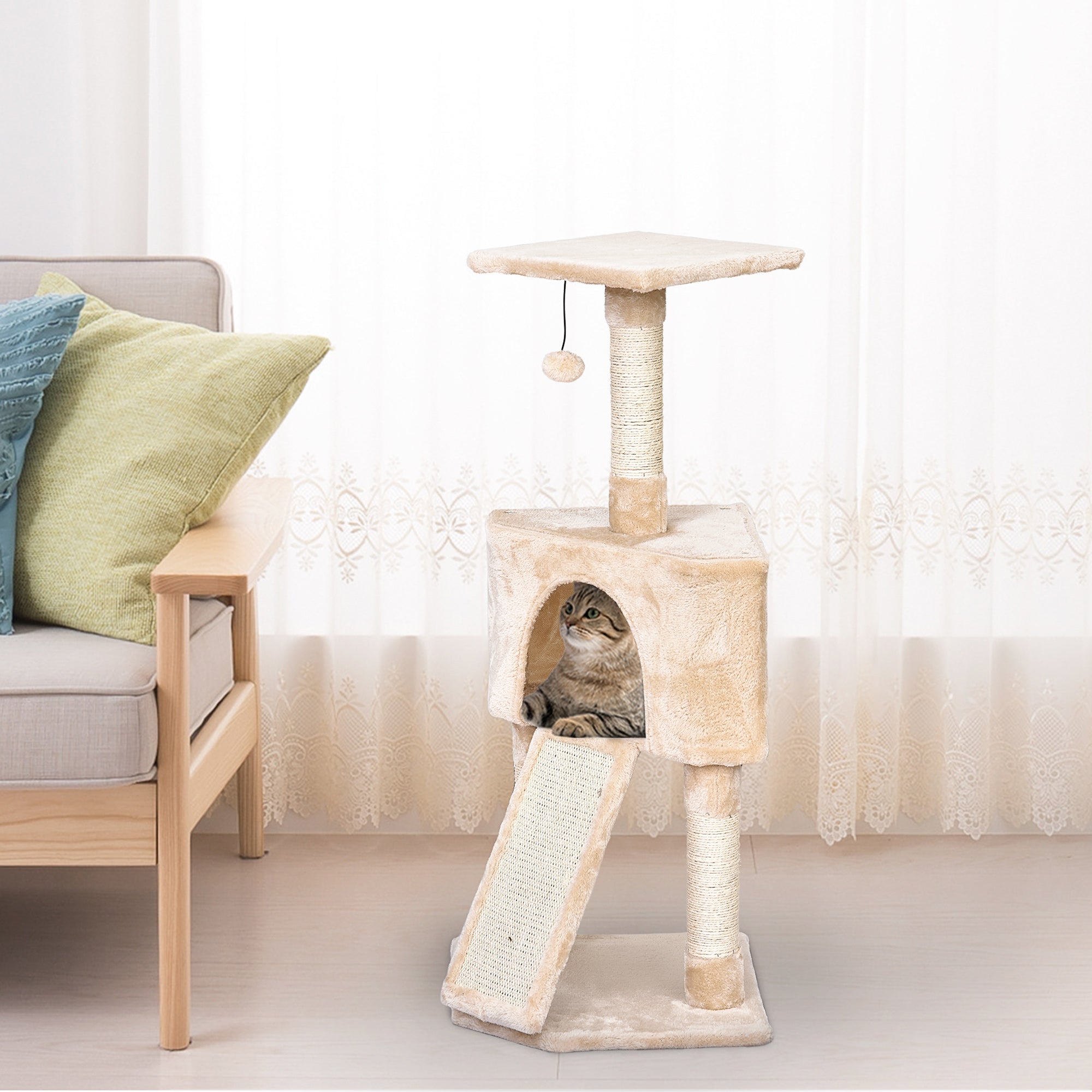 PawHut Interactive 3-Tier Cat Scratching Post: Sisal Rope and Dangle Toy for Play, Beige