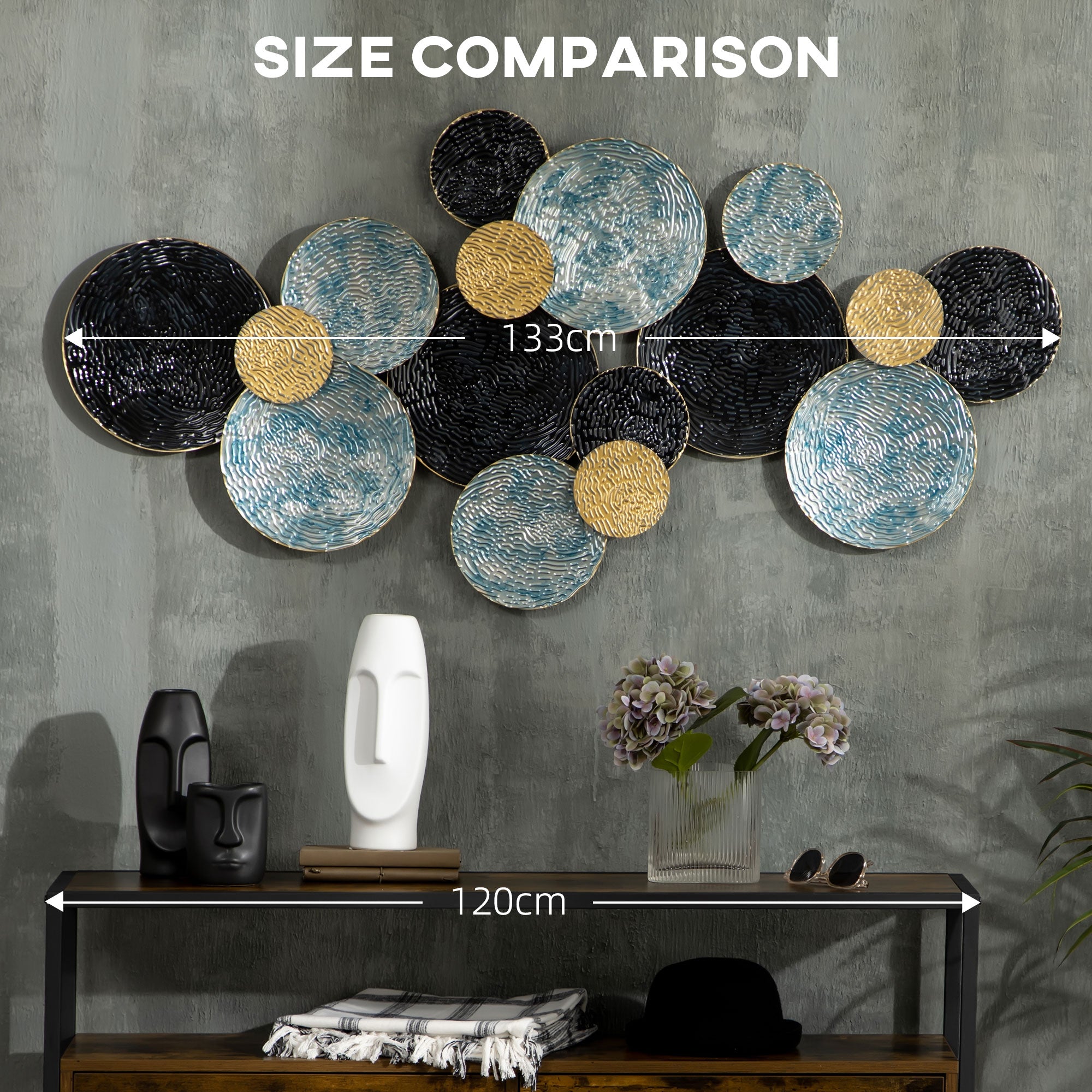 HOMCOM 3D Metal Wall Art Modern Circle Hanging Wall Sculptures Home Decor for Living Room Bedroom Dining Room, Blue Black Gold - North Peak Garden Furniture