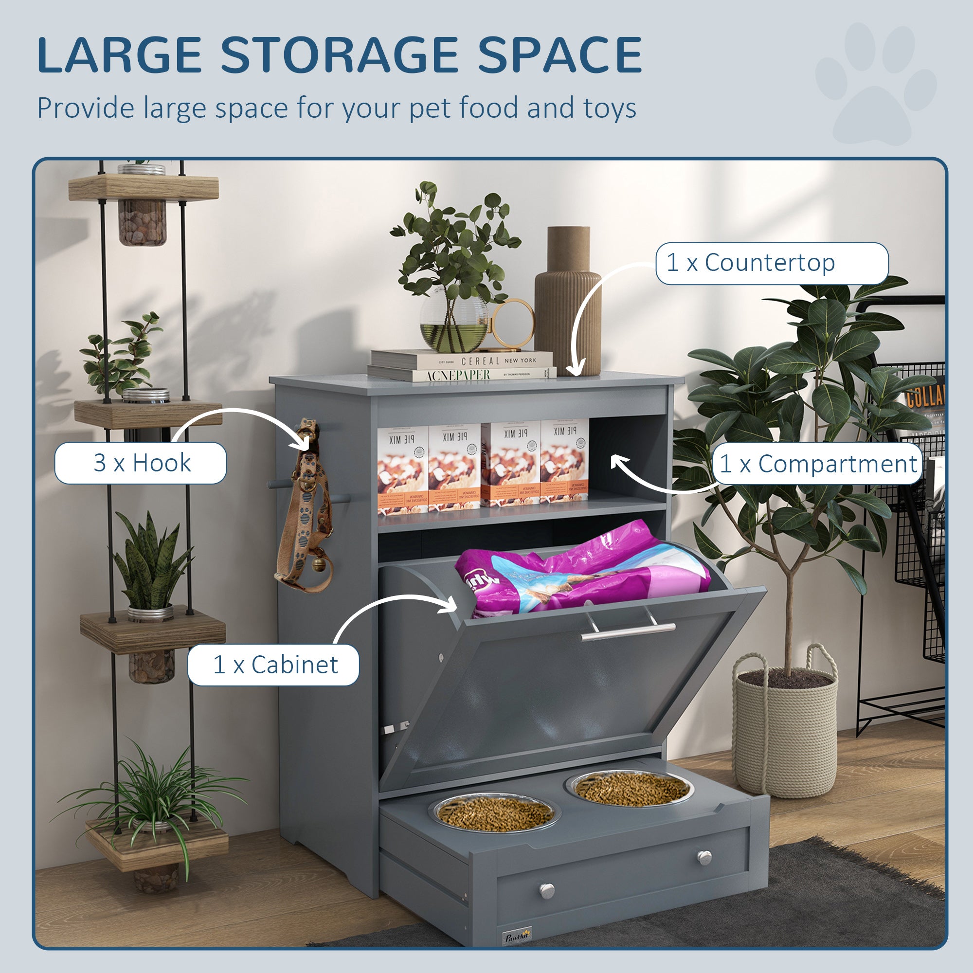 PawHut Pet Feeder Station, Dog, Cat Storage Container, with Raised Bowls, Hanger, Cabinet - Grey - North Peak Garden Furniture