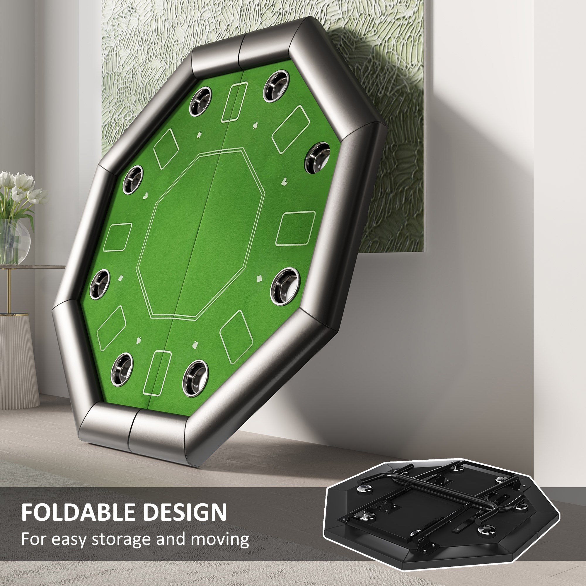 SPORTNOW 8 Player Folding Poker Table, Portable Octagon Blackjack Table with Cup Holders with Cup Holders, Padded Edge, Green - North Peak Garden Furniture