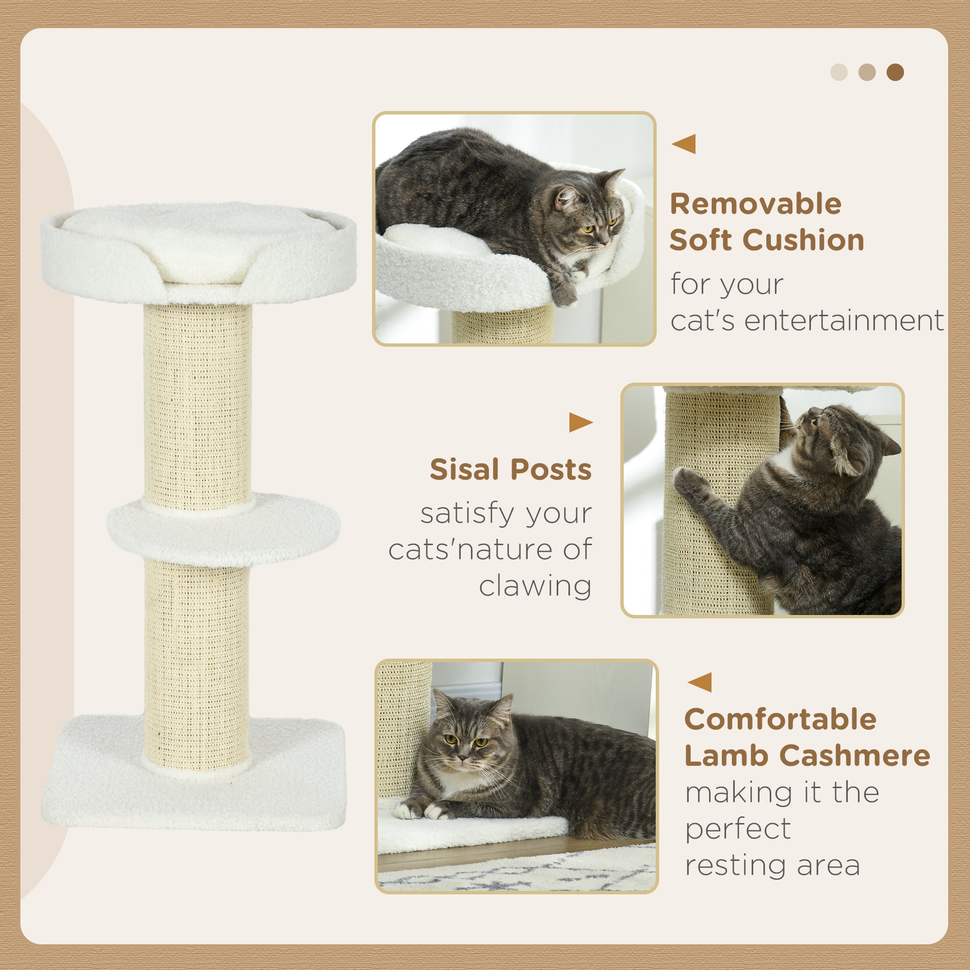 PawHut 2 Tier Sisal Sherpa Cat Tree with Basket Cushion Sisal Post Cream White - North Peak Garden Furniture