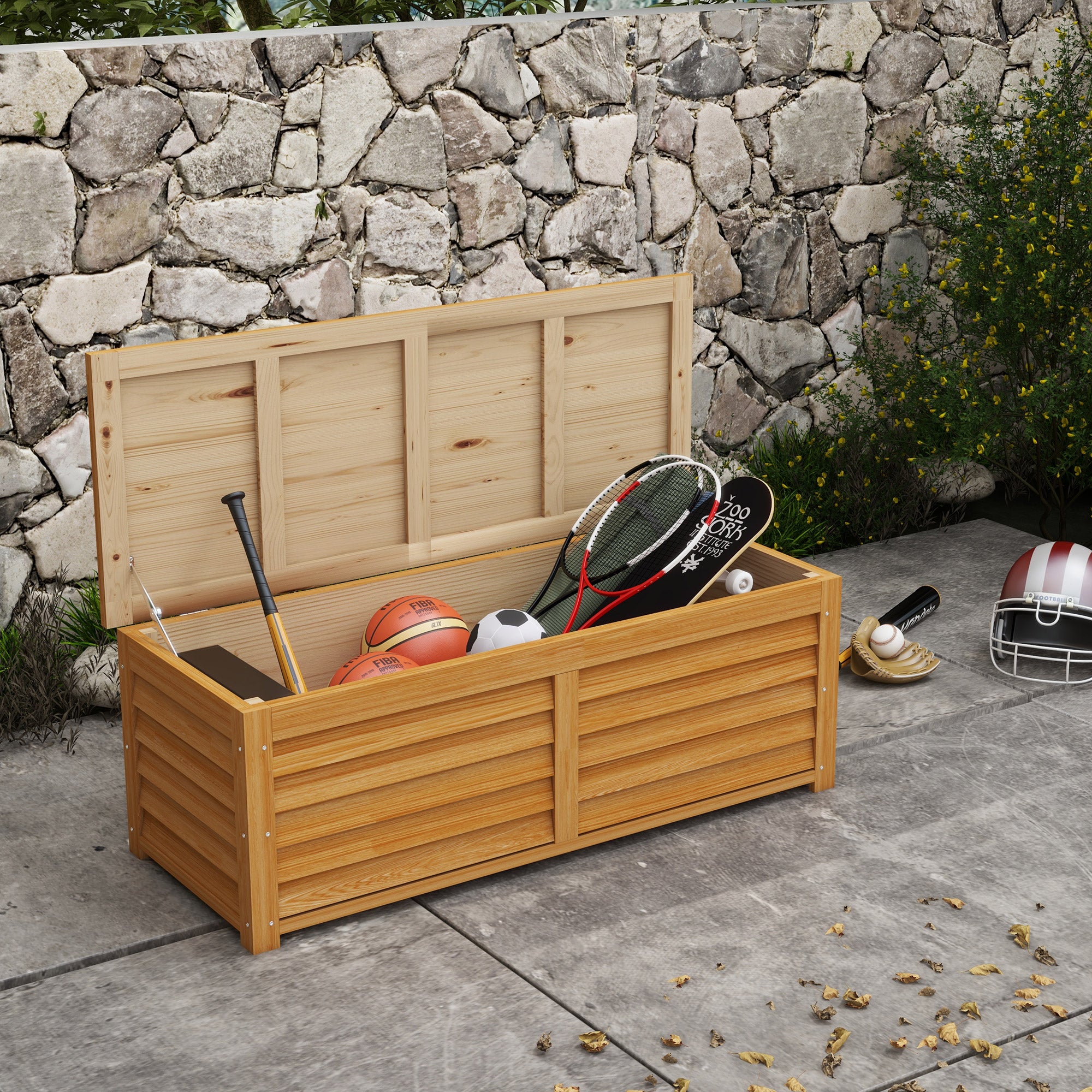 Outsunny 292L Outdoor Storage Box, Wooden Deck Box Garden Storage Container for Balcony, Porch, Poolside, Light Brown - North Peak Garden Furniture
