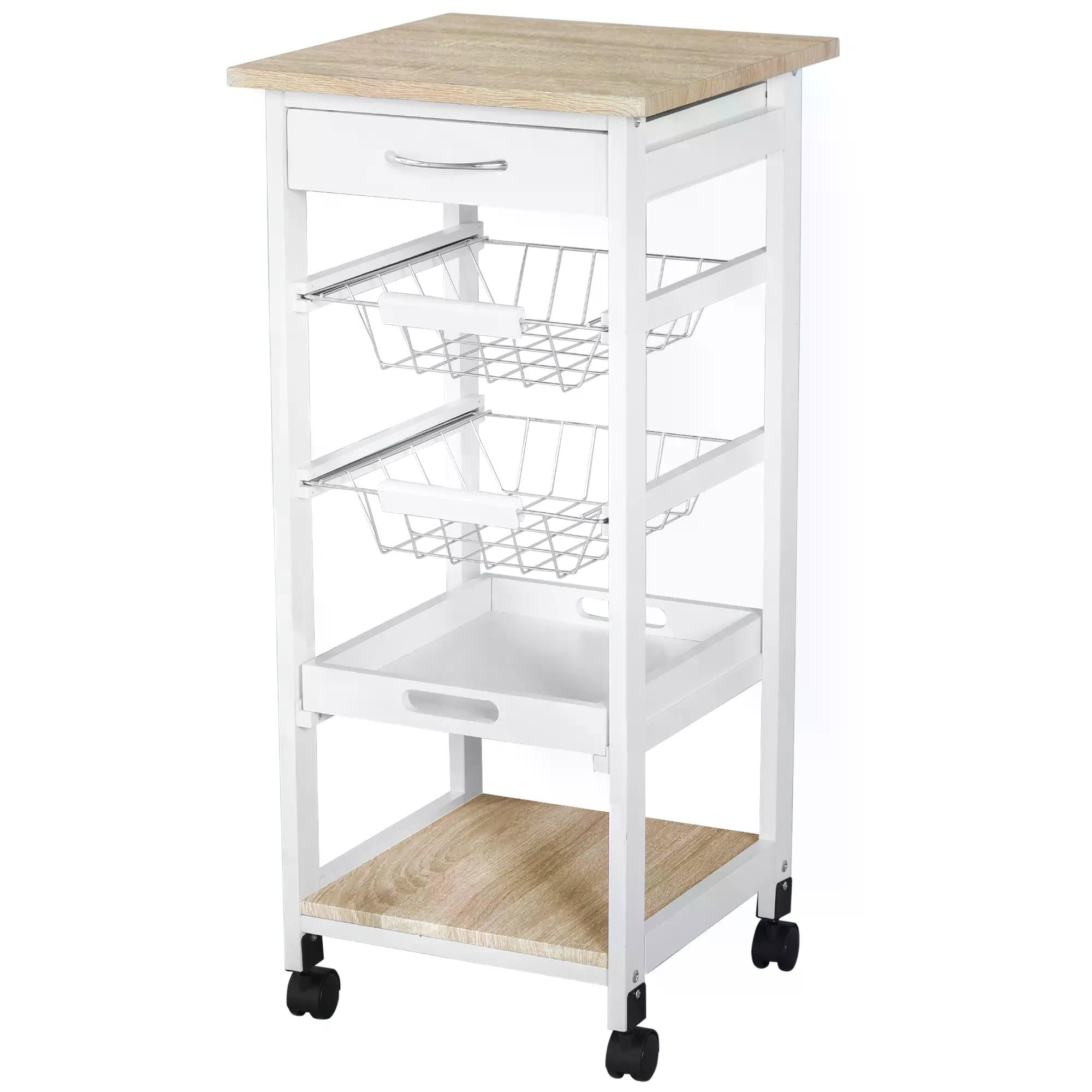 HOMCOM Mobile Rolling Kitchen Island Trolley for Home w/ Metal Baskets Trays Shelves Wheels Compact Stylish Storage White