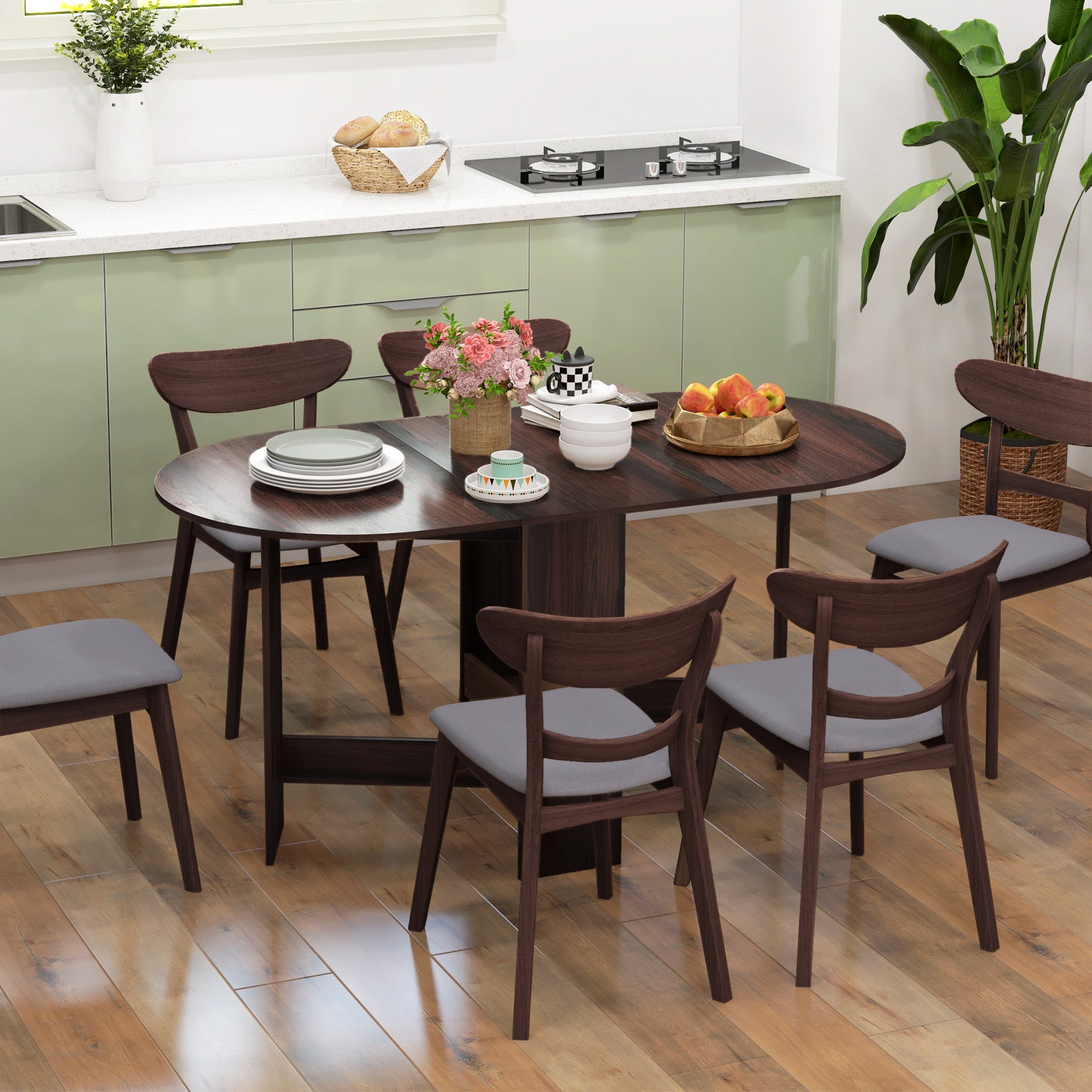 HOMCOM Folding Dining Table, Drop Leaf Table for Small Spaces, Oval Tabletop for Dining Room, Chocolate Wood Effect - North Peak Garden Furniture