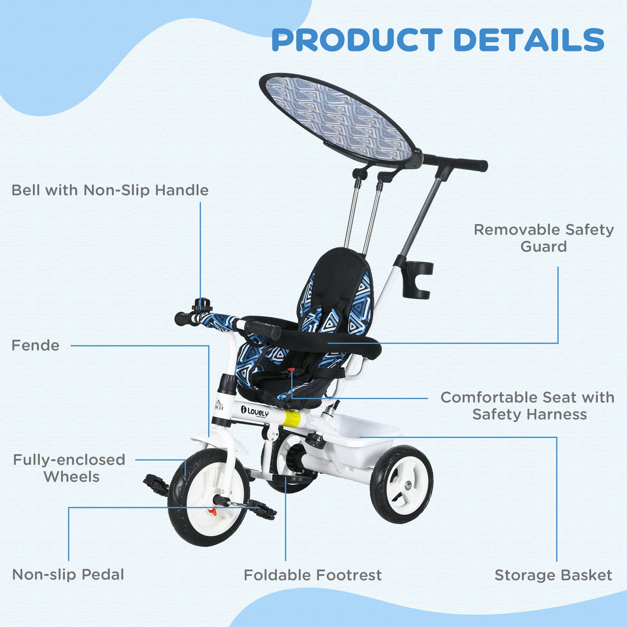 HOMCOM 6 in 1 Tricycle for Kids with 5-point harness straps, Removable Canopy, Blue - North Peak Garden Furniture