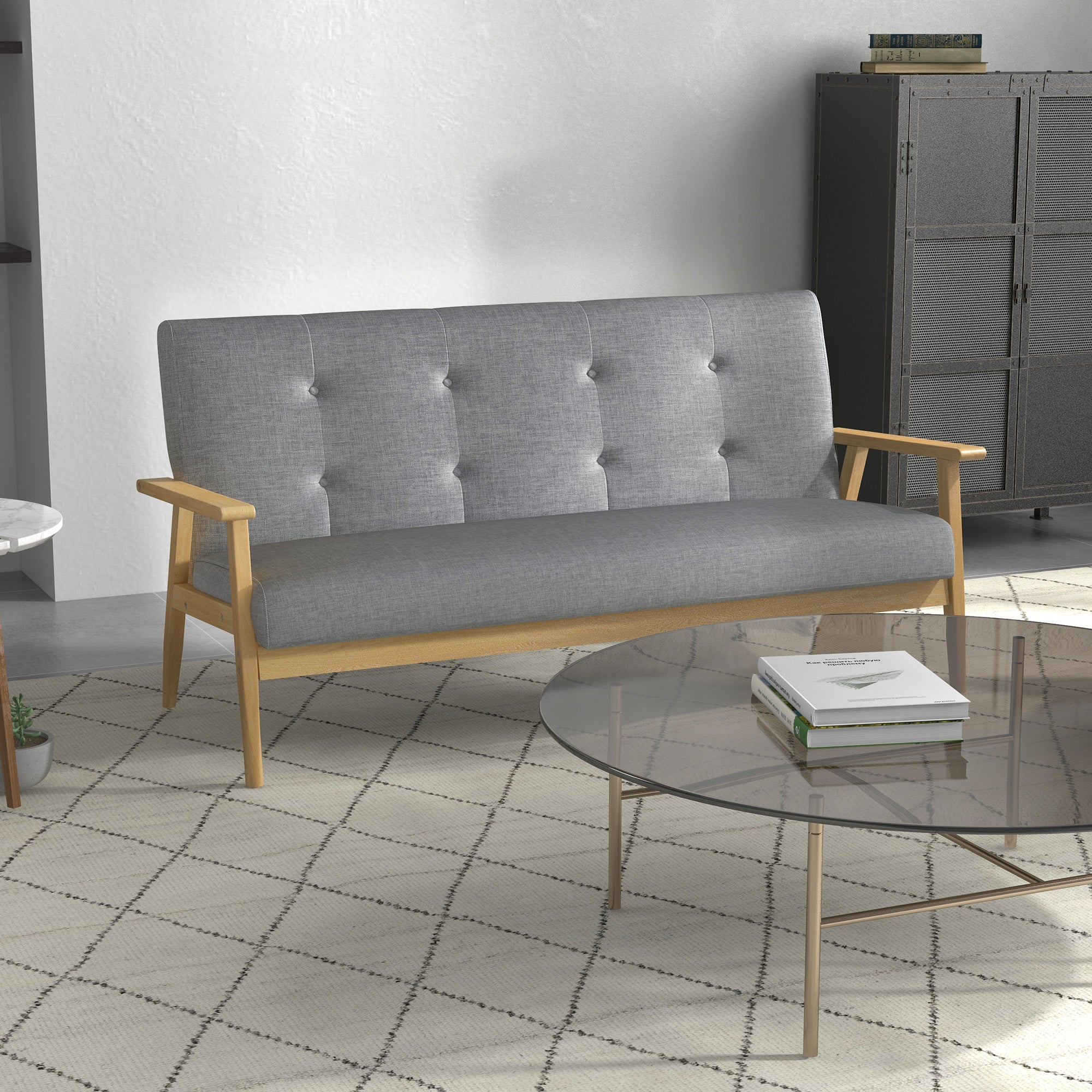 HOMCOM Modern 3 Seater Sofa Linen Fabric Upholstery Tufted Couch with Rubberwood Legs Dark Grey - North Peak Garden Furniture