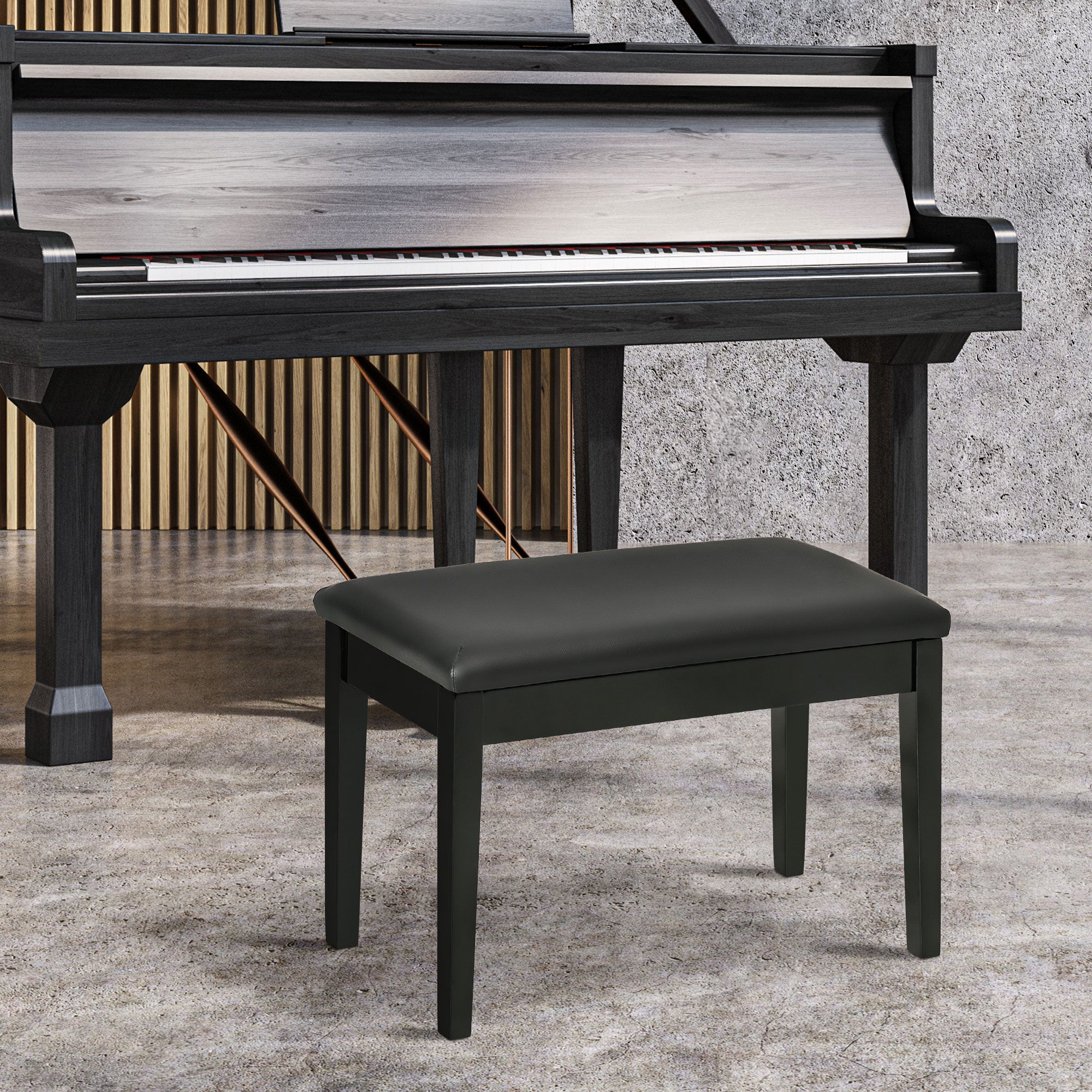 HOMCOM Classic Piano Bench Stool, PU Leather Padded Keyboard Stool with Rubber Wood Legs and Music Storage Compartment, Black - North Peak Garden Furniture