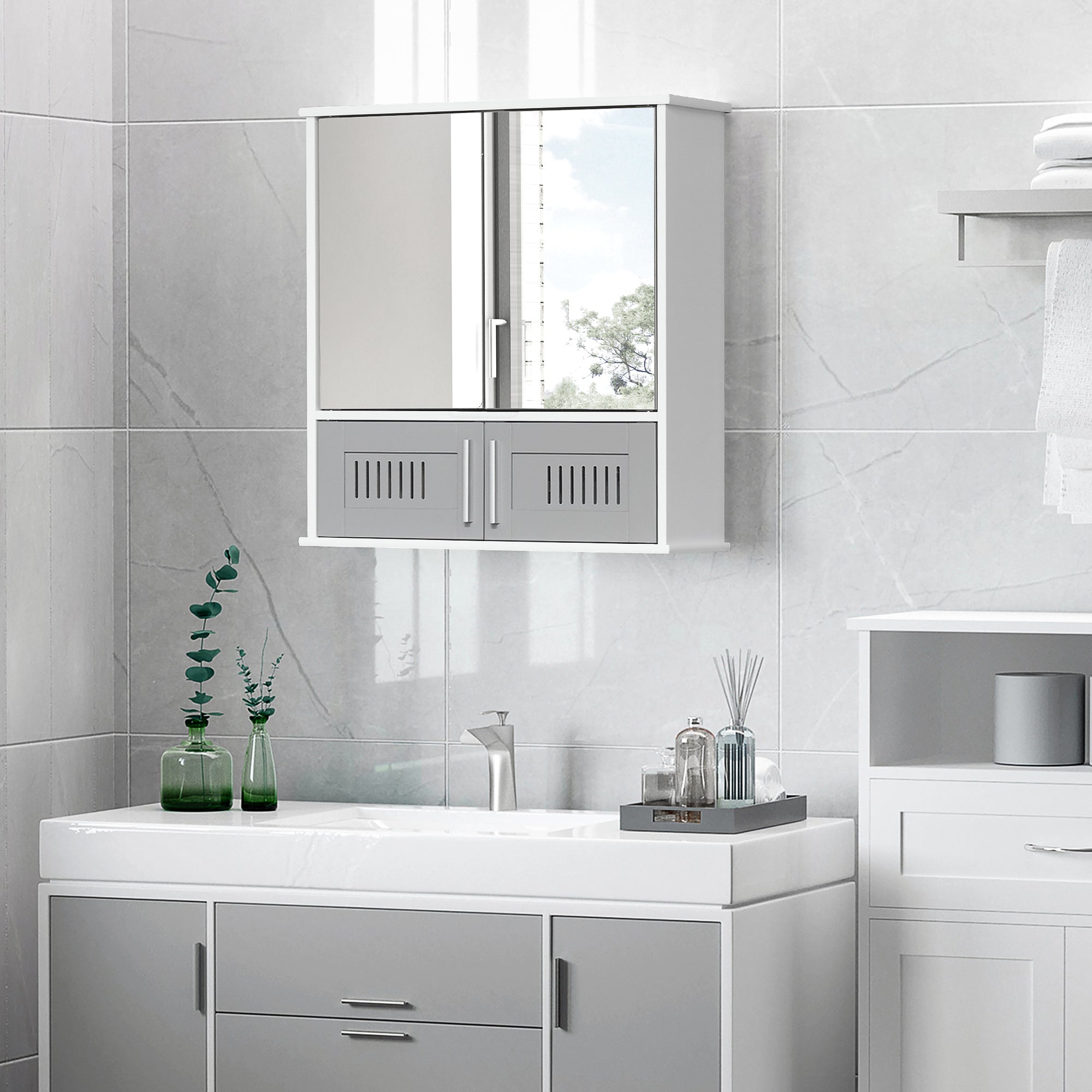 kleankin Bathroom Mirror Cabinet, Wall Mounted Storage Cupboard with Double Doors and Adjustable Shelf, Bathroom Organizer, Grey - North Peak Garden Furniture