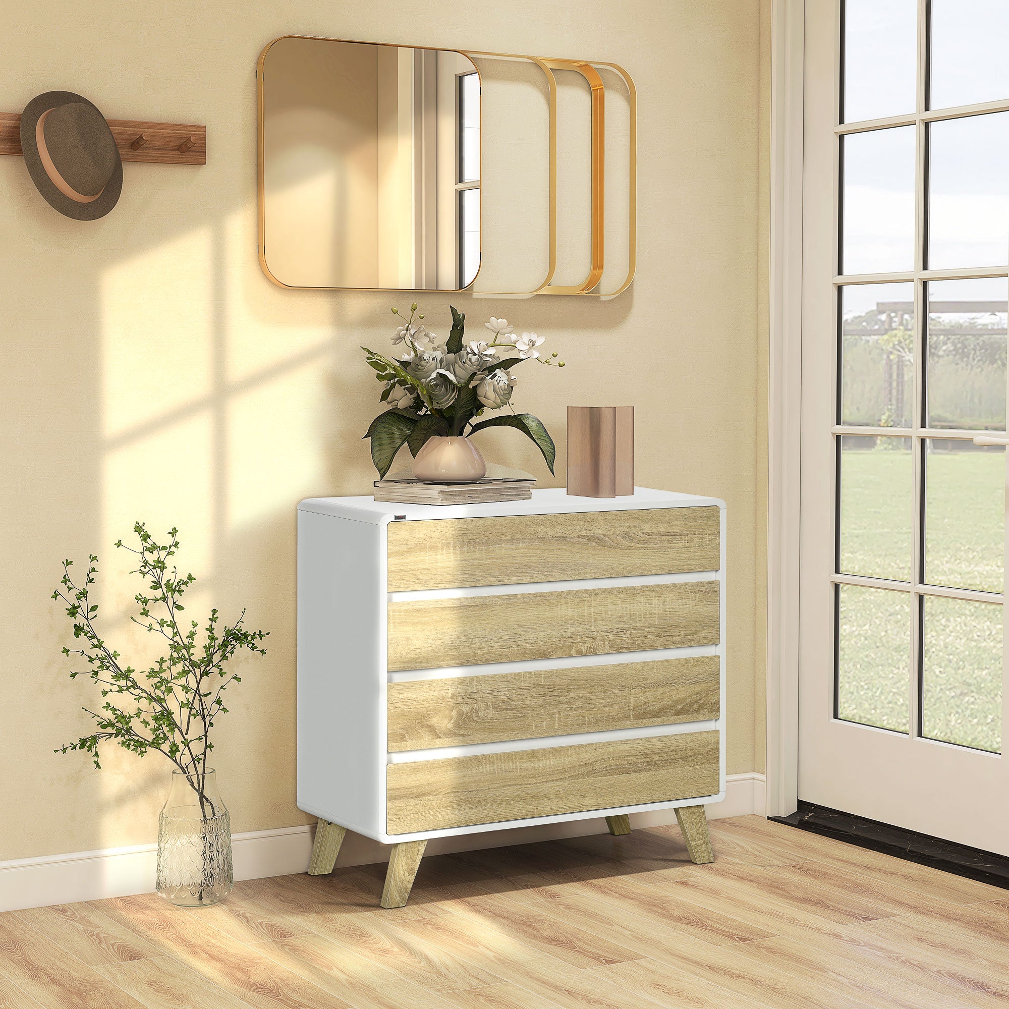 HOMCOM Drawer Chest, 4-Drawer Storage Organiser for Bedroom, Living Room, 80cmx40cmx79.5cm, White and Natural - North Peak Garden Furniture