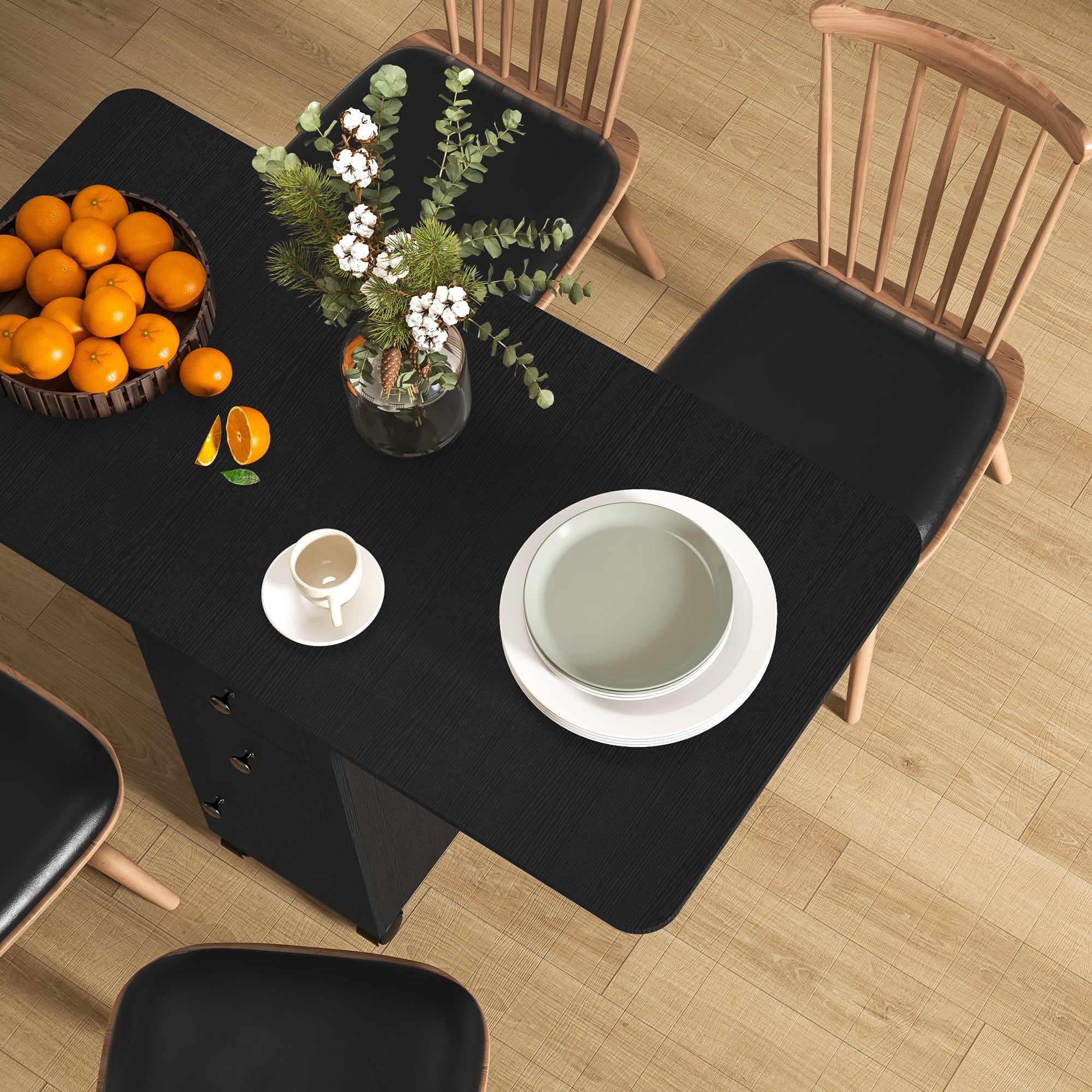 HOMCOM Multi-Storage Six-Person Drop Leaf Dining Table - Distressed Black - North Peak Garden Furniture