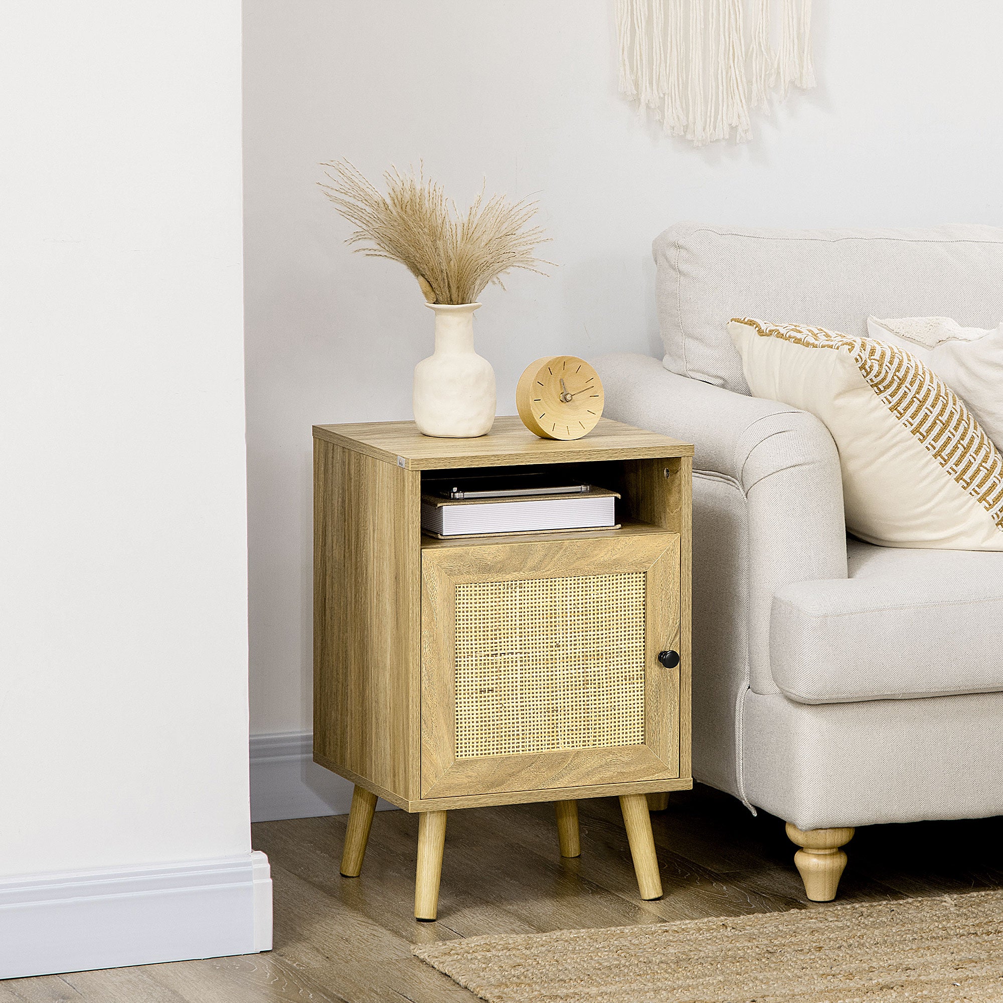 HOMCOM Bedside Table with Rattan Element, Side End Table with Shelf and Cupboard, 39cmx35cmx60cm, Natural - North Peak Garden Furniture