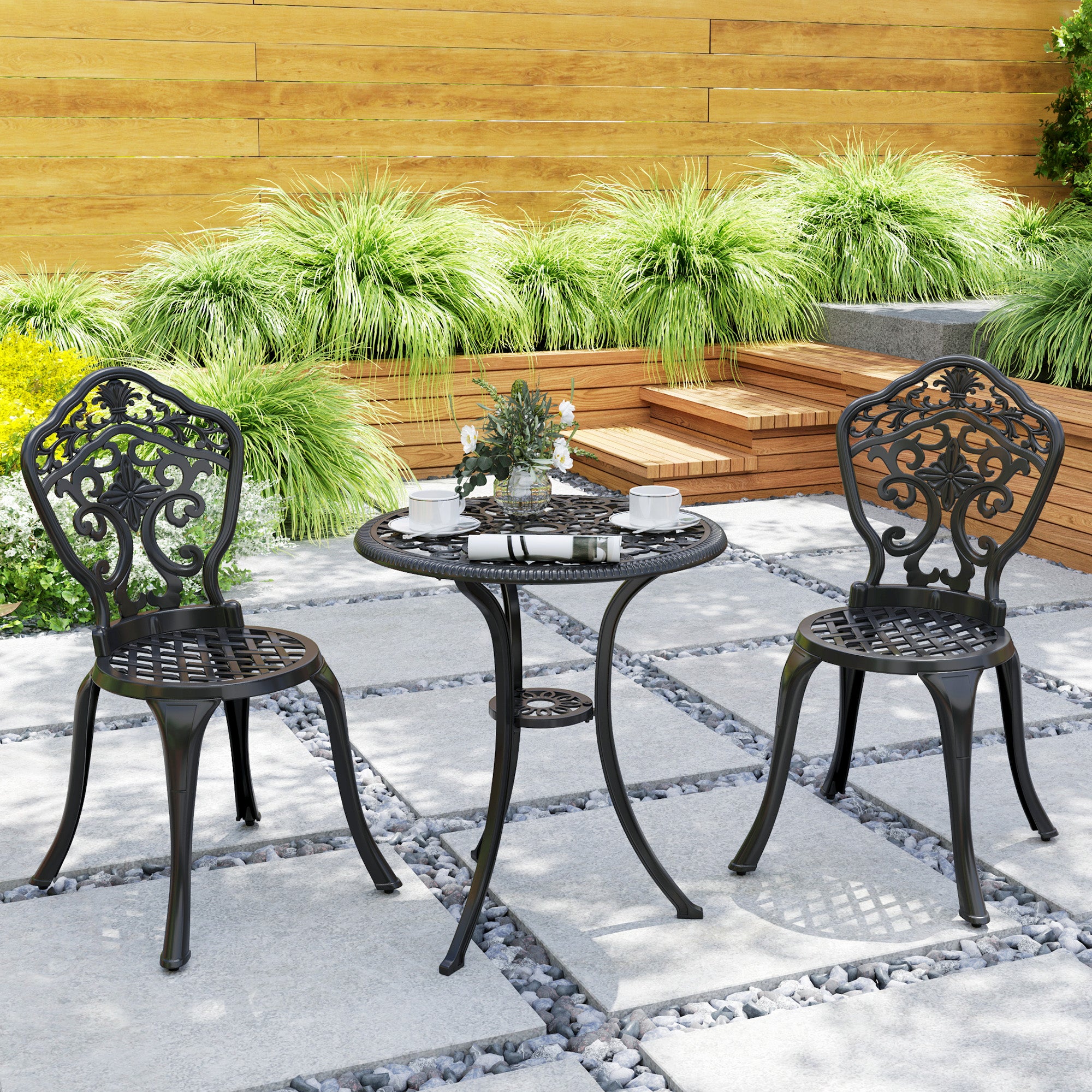 Outsunny Three-Piece Aluminium Floral Bistro Set - Black - North Peak Garden Furniture