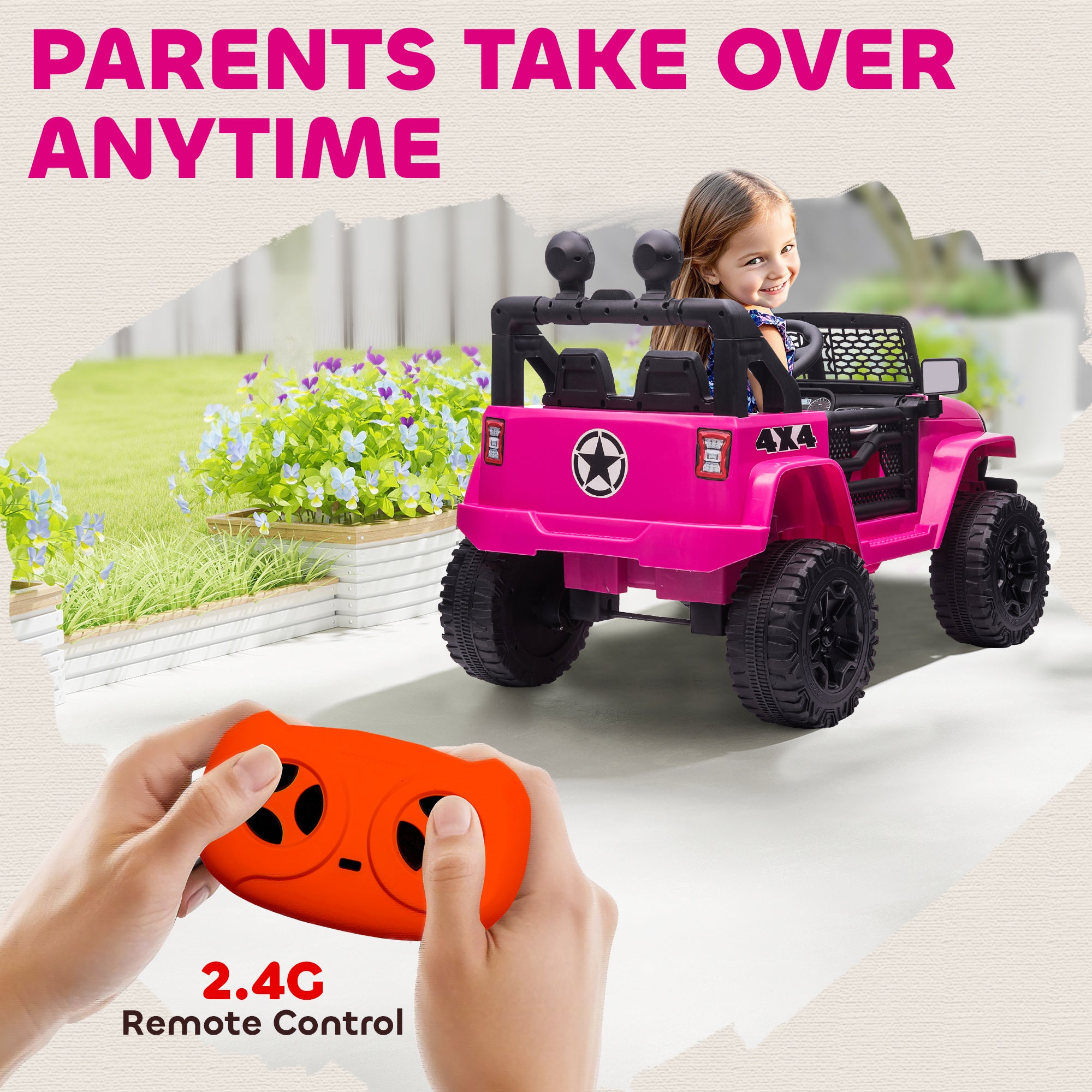 HOMCOM Kids Electric Ride On Car 12V Off Road Toy with Parental Remote Control 2 Motors Horn Lights Suspension Wheels for 3-6 Years Old Pink