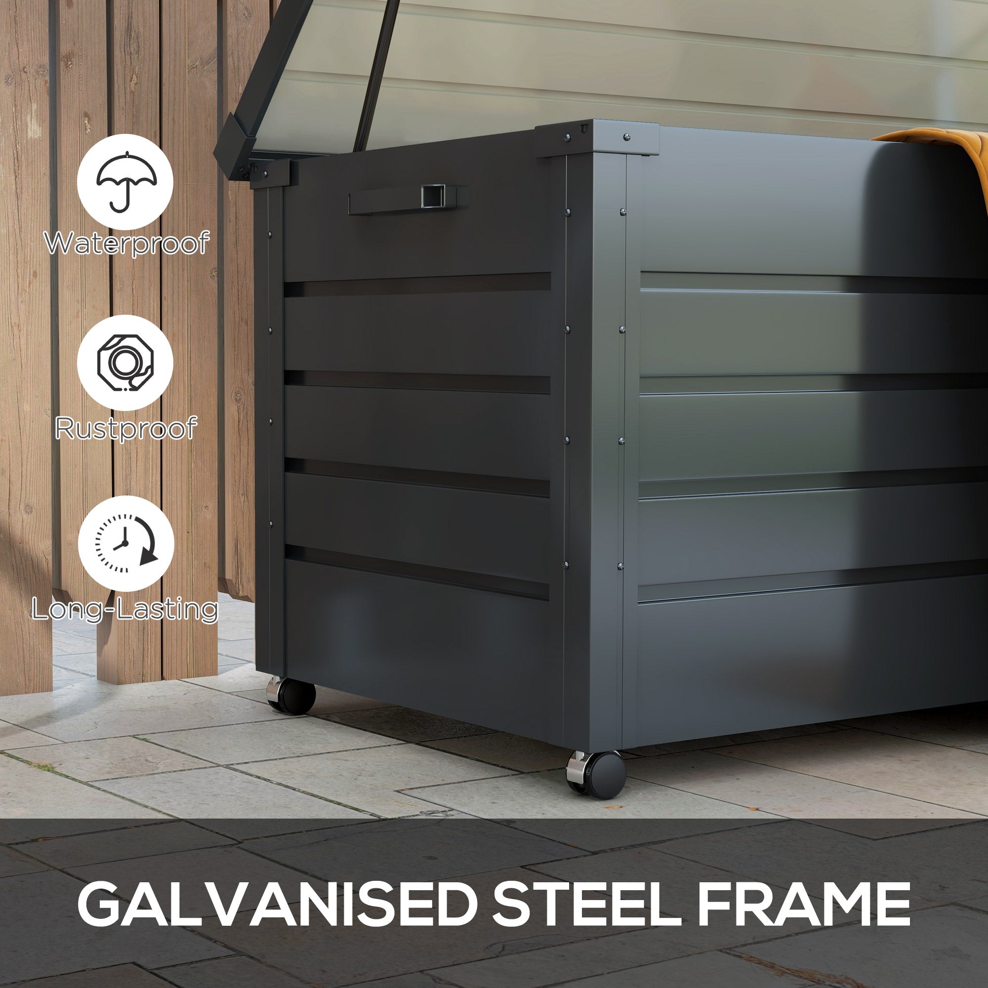 Outsunny 311L Galvanised Steel Garden Storage Box, with Lock - Dark Grey - North Peak Garden Furniture