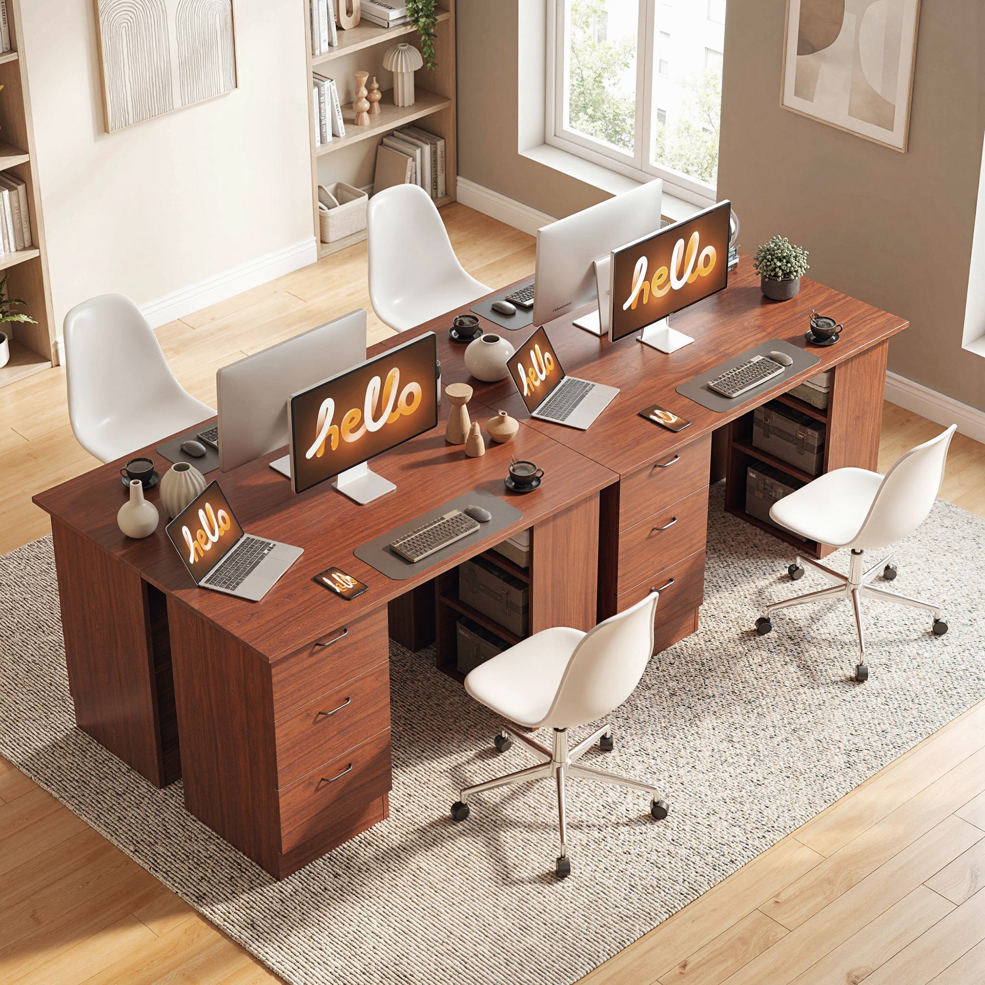 HOMCOM Computer Desk, Writing Table, PC Workstation with 3 Storage Shelves and Drawers, Handle, for Home Office, Walnut Brown