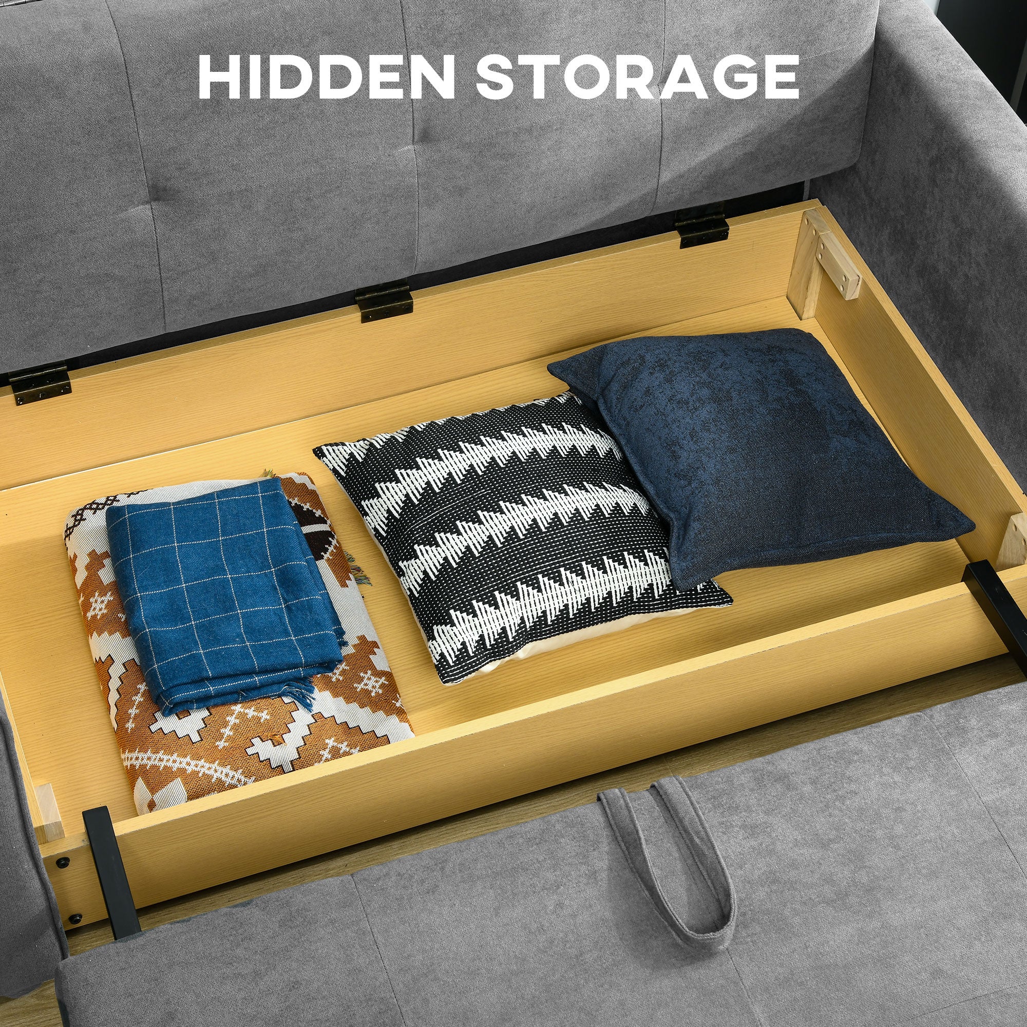 HOMCOM 2 Seater Sofa Bed, Convertible Bed Settee, Modern Fabric Loveseat Sofa Couch with 2 Cushions, Hidden Storage for Living Room, Guest Room, Light Grey - North Peak Garden Furniture