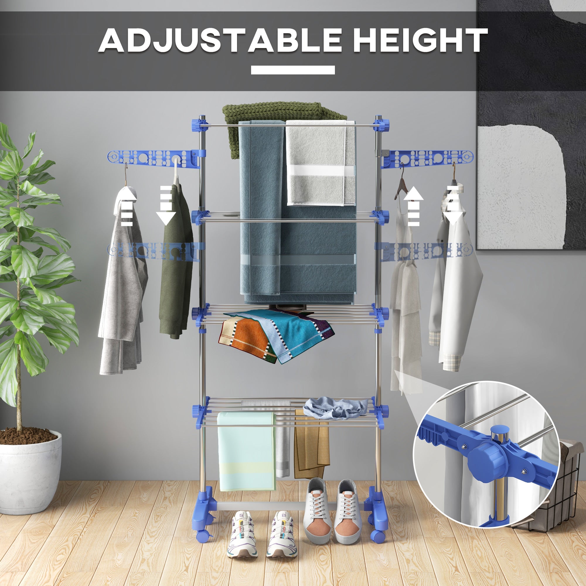 HOMCOM Four-Shelf Collapsing Clothes Horse, With Side Arms and Wheels - Blue - North Peak Garden Furniture